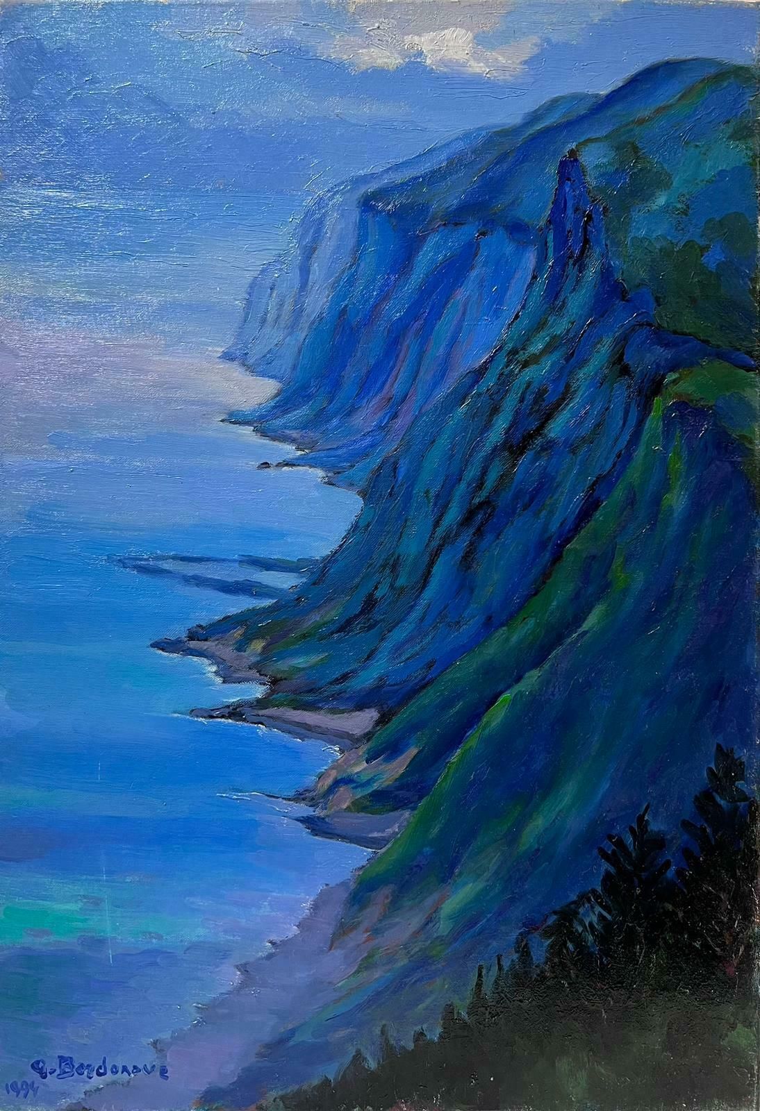 Georges Bordonovecontemporary French Impressionist Oil Rocky Coastline Blue Seascape