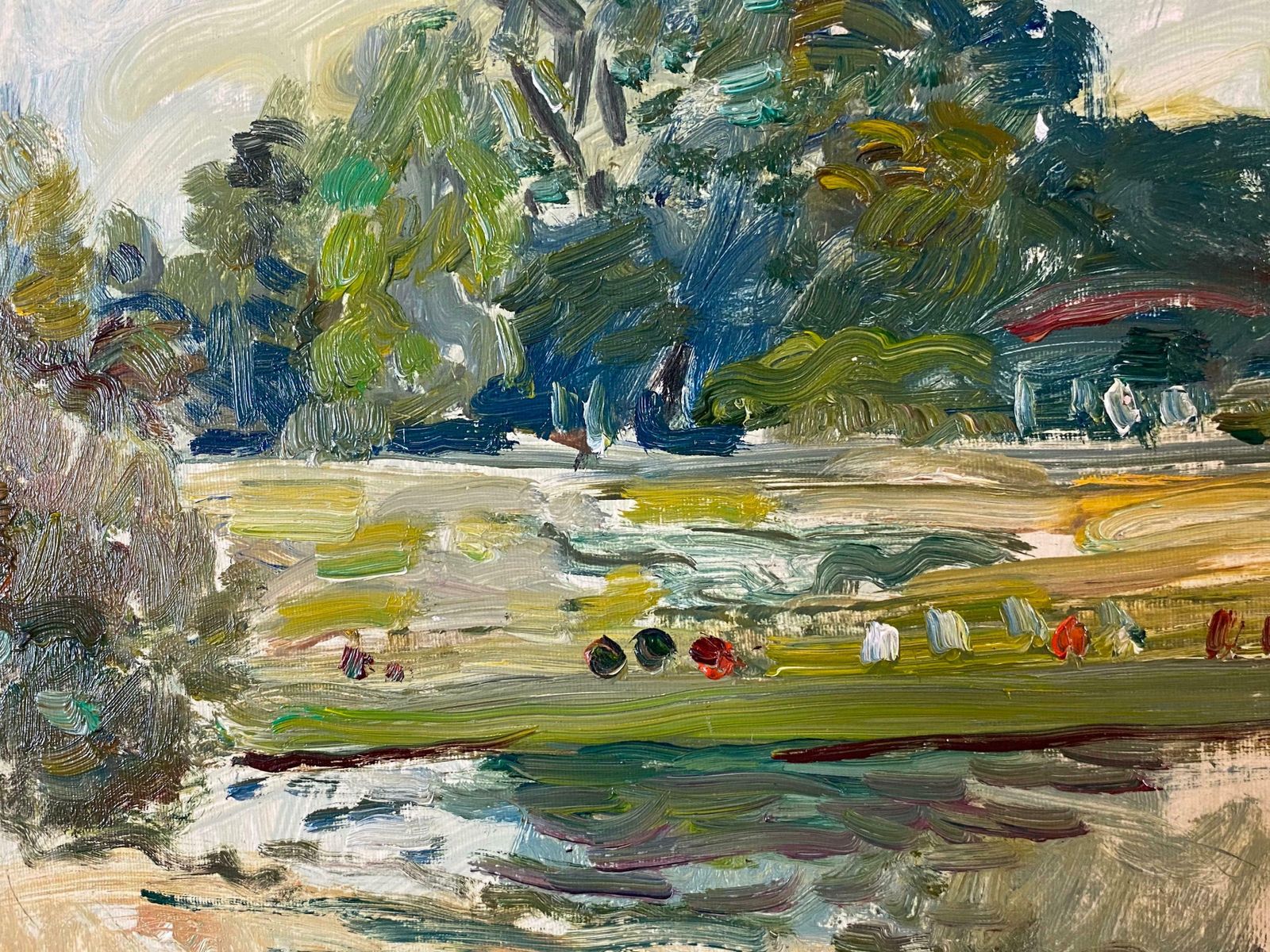 Saddafigures In Park By Lake, French Impressionist Landscape, Signed Oil Paintingc. 1980's photo furniture