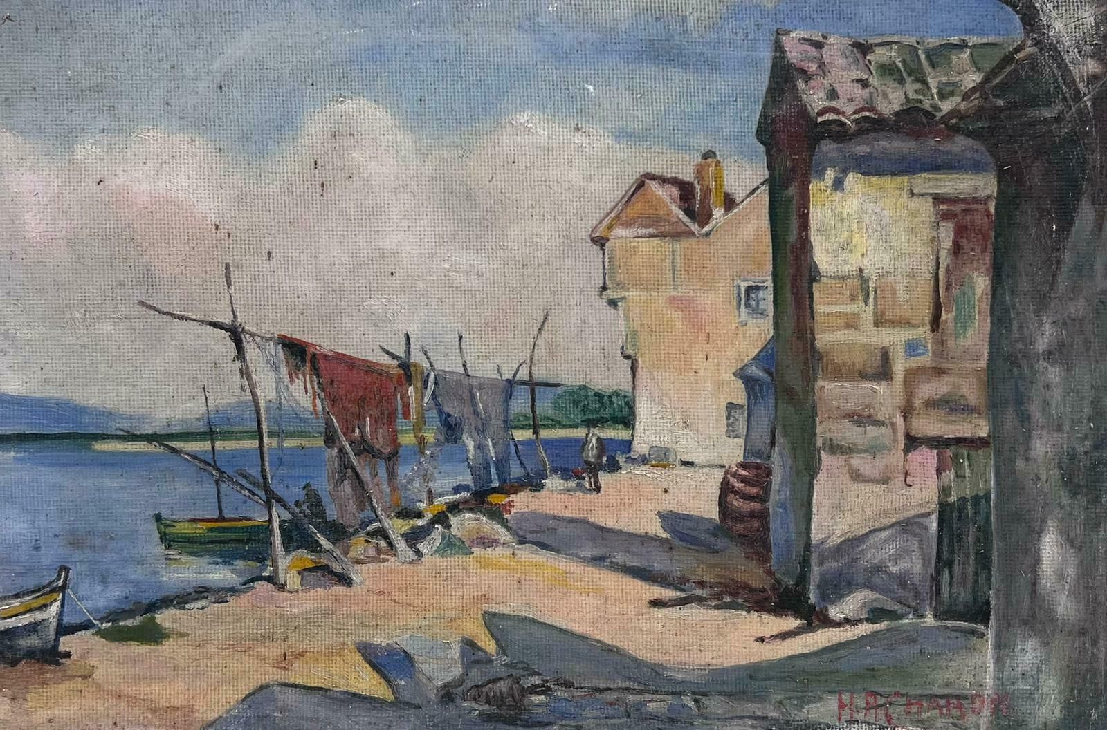 French Schoolmid 20th Century French Signed Oil South Of France Fishing Nets Drying In Harbor