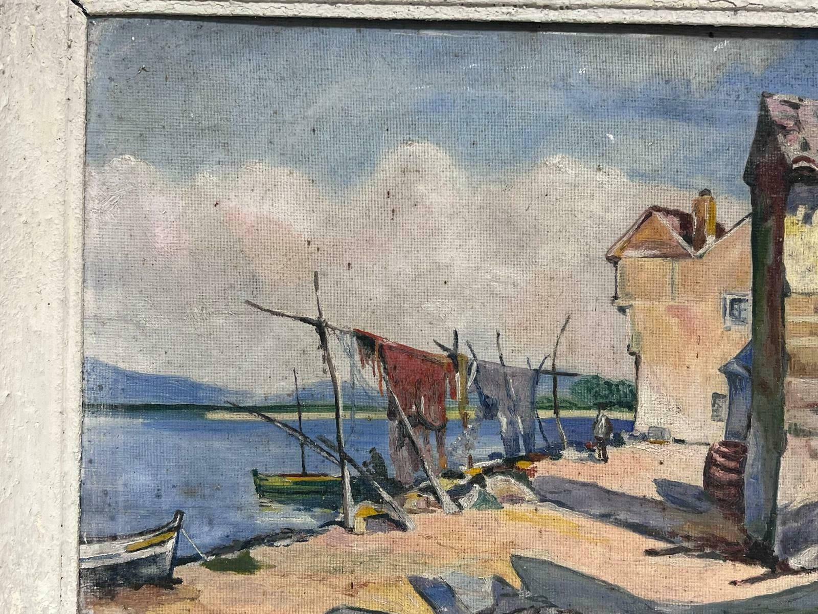 French Schoolmid 20th Century French Signed Oil South Of France Fishing Nets Drying In Harbor photo for sale