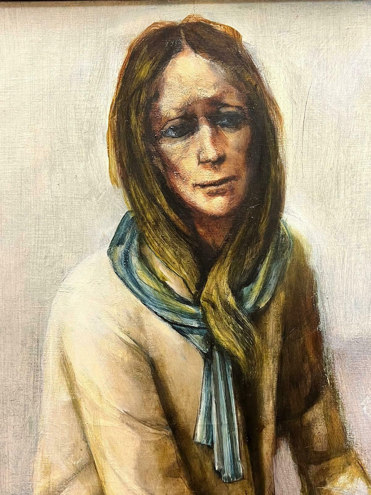 photo furniture Pierre La Fillelarge Belgian Modernist Signed Oil Portrait Of Sorrowful Lady In Blue Scarf