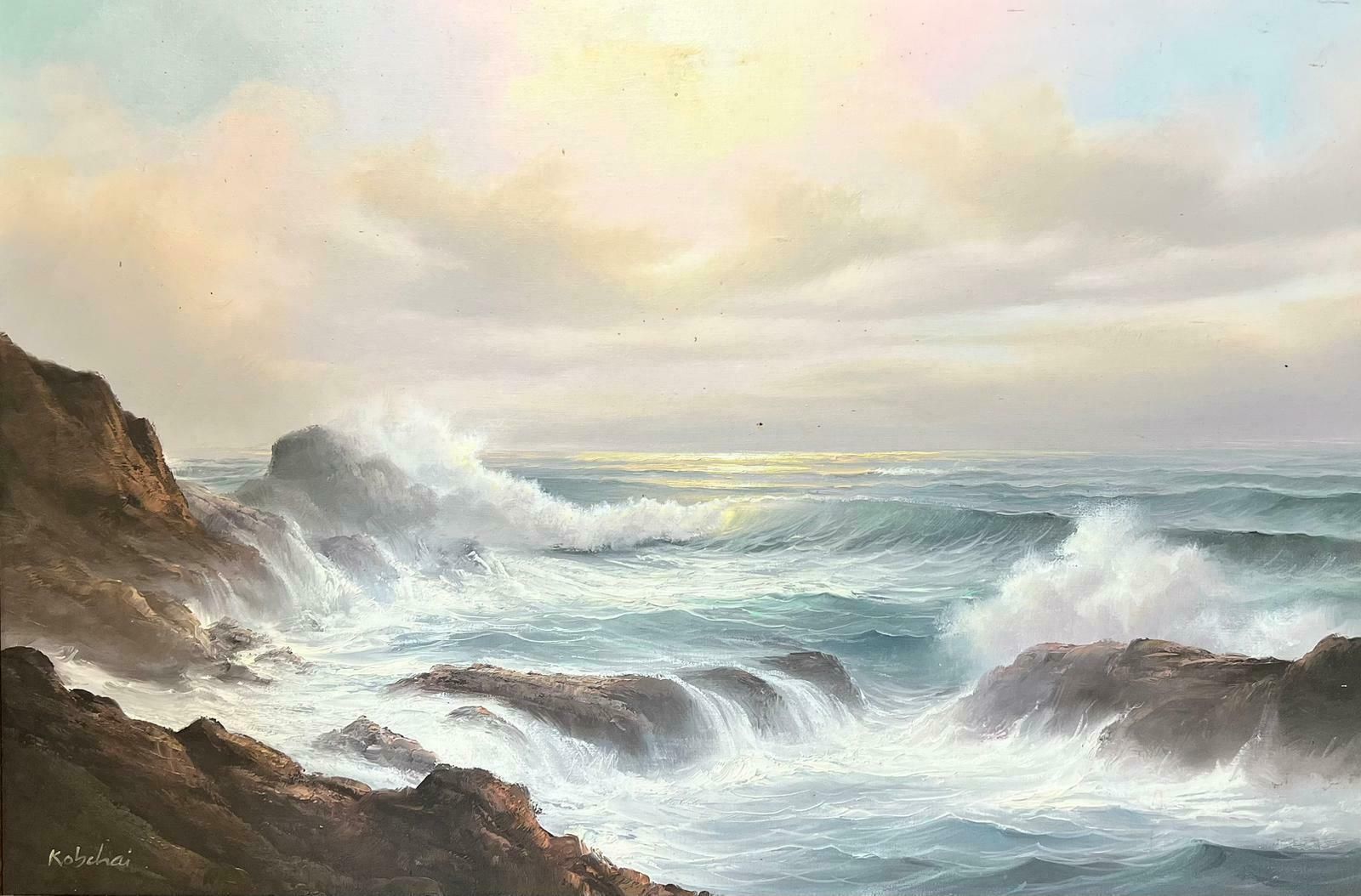 European Artistcrashing Waves Rocky Coast Large Traditional Signed Oil Painting Gilt Frame photo furniture