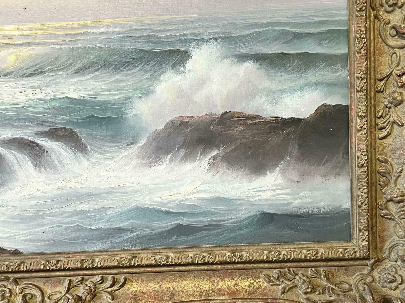 European Artistcrashing Waves Rocky Coast Large Traditional Signed Oil Painting Gilt Frame photo for sale