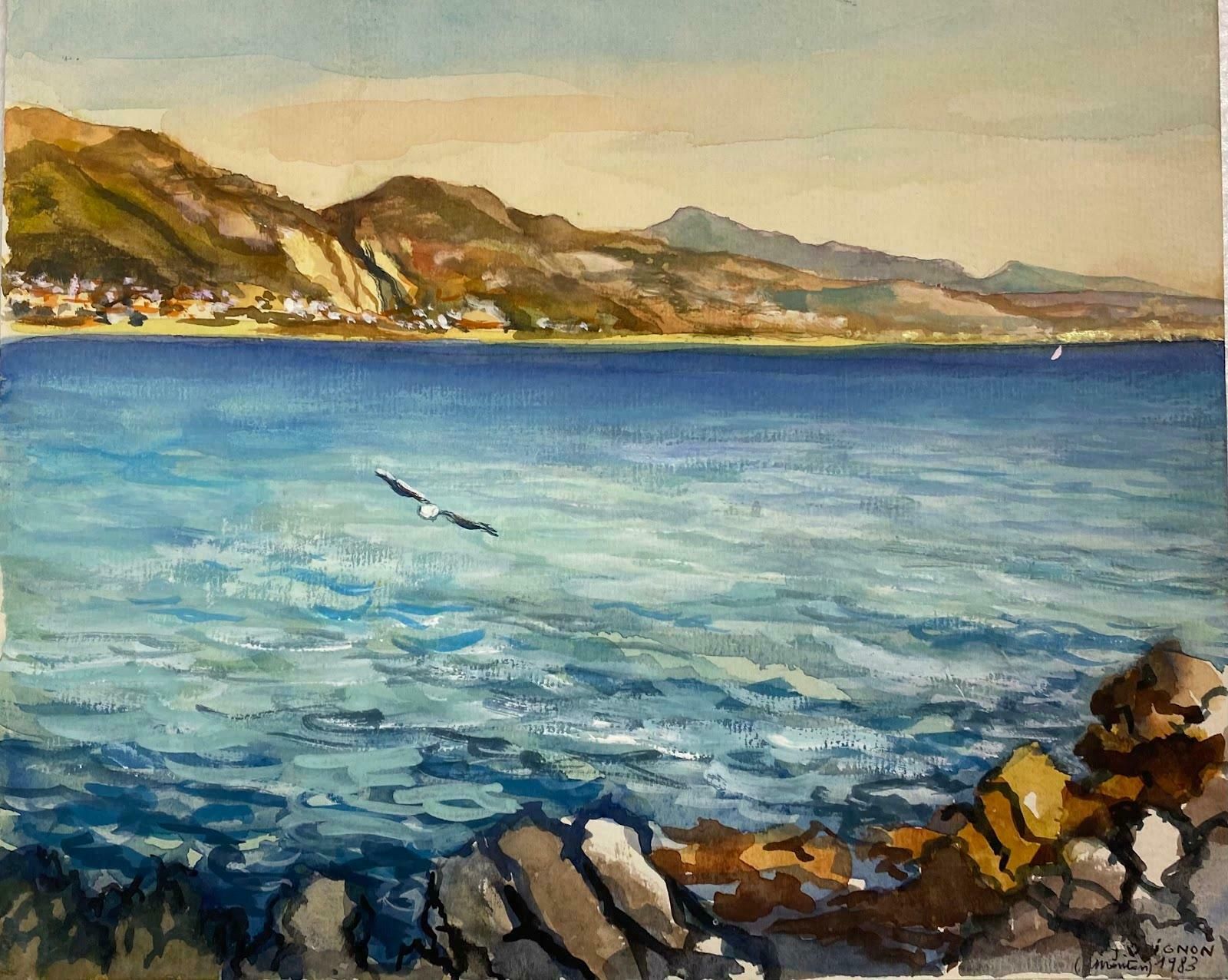 Josine Vignonpost Impressionist Painting Seascape Of Roquebrune Cap Martin, Provencec.1983