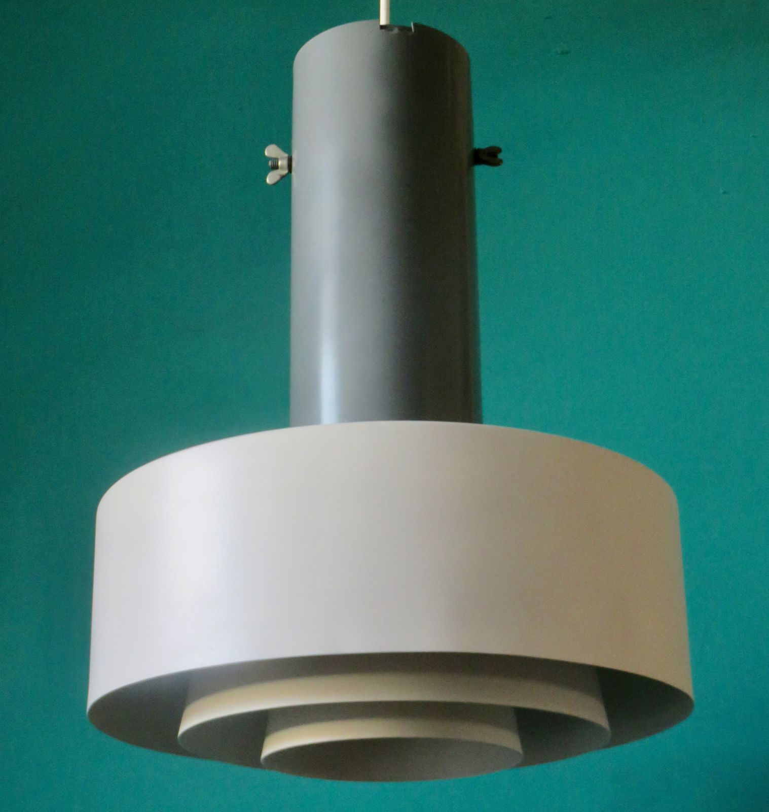 Large Industrial Pendant Light In Anthracite And White Lacquered Metal. Denmark 1960 photo furniture