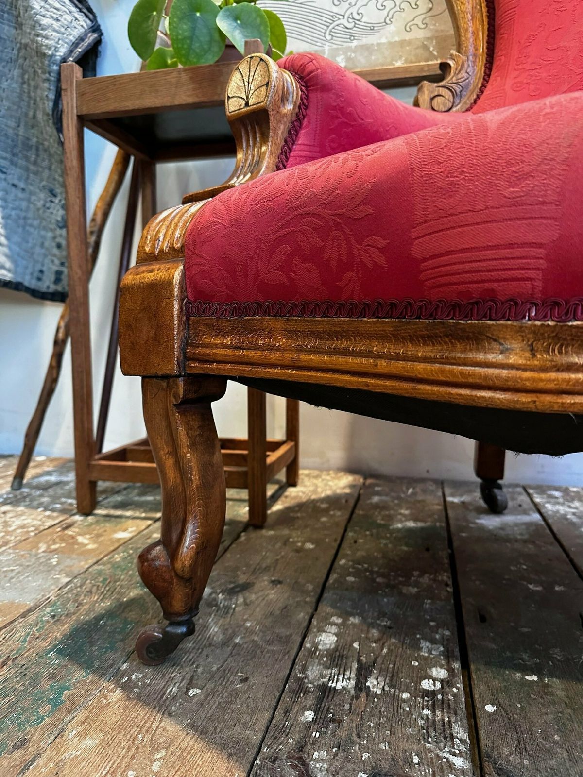 Antique English Oak Show Wood Upholstered Armchair C.1910 photo 213.0