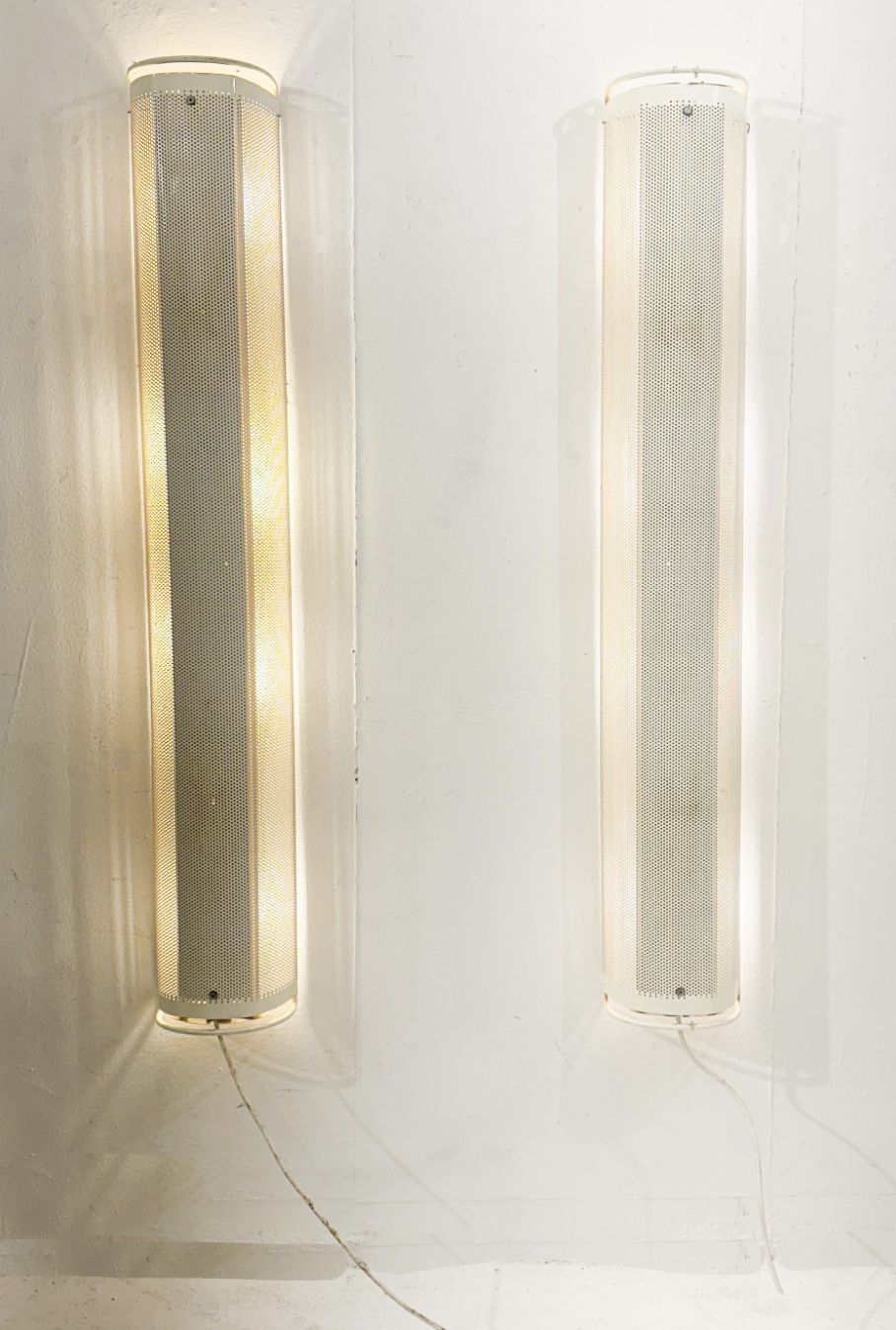 Pair Of White Perforated Metal Wall Lights, 1980, France photo Lighting