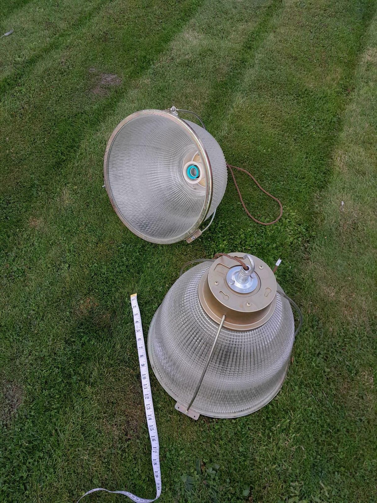Pair Of Industrial Factory Holophane Down Light Glass Ceiling Shades photo Lighting
