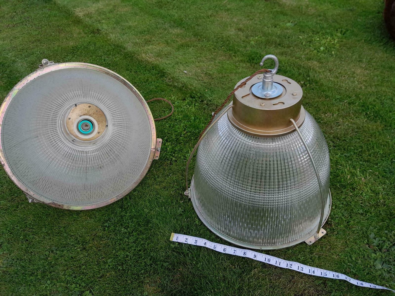 Pair Of Industrial Factory Holophane Down Light Glass Ceiling Shades photo 300.0