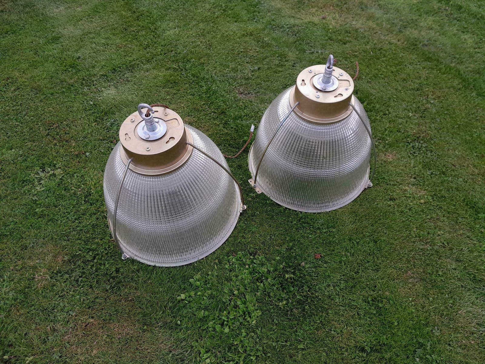 Pair Of Industrial Factory Holophane Down Light Glass Ceiling Shades photo vinterior