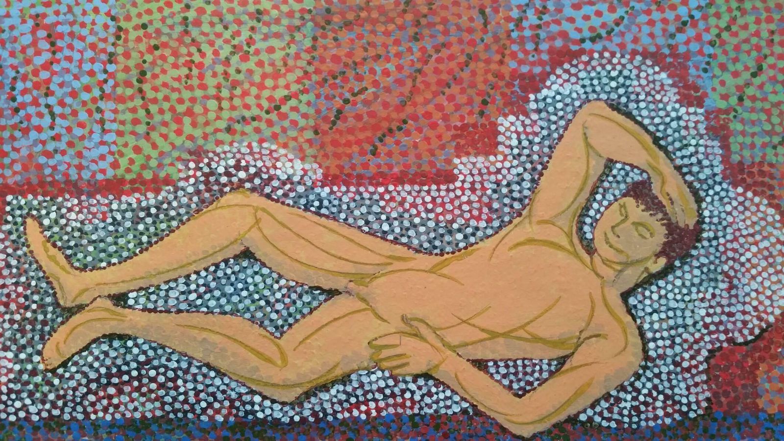 Louis Bellon French Pointillist Reclining Male Nude Mid 20th Century Painting C. 1950s