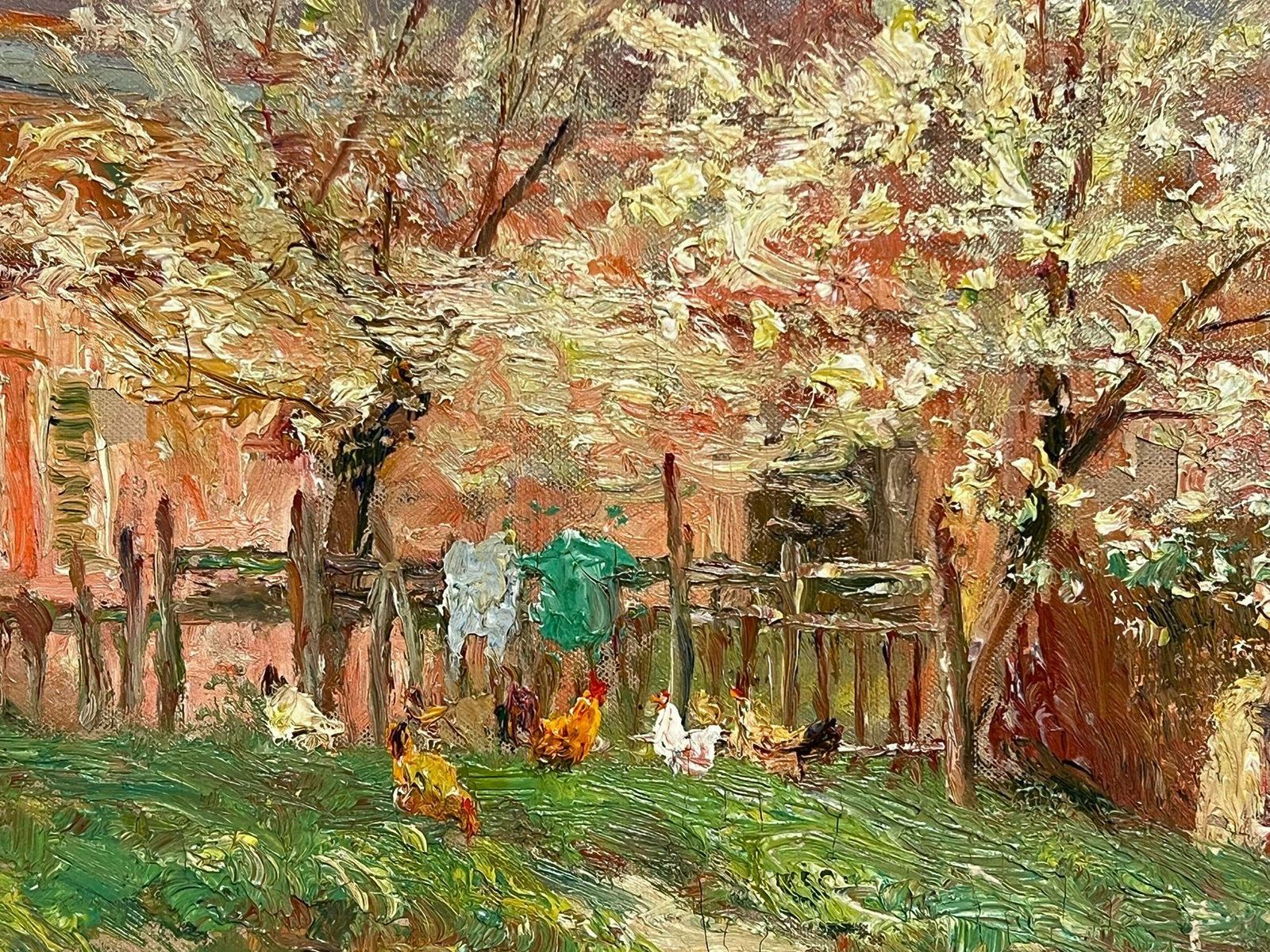 French School Antique French Impressionist Oil Chickens Before Farmhouse In Landscape photo 995.0