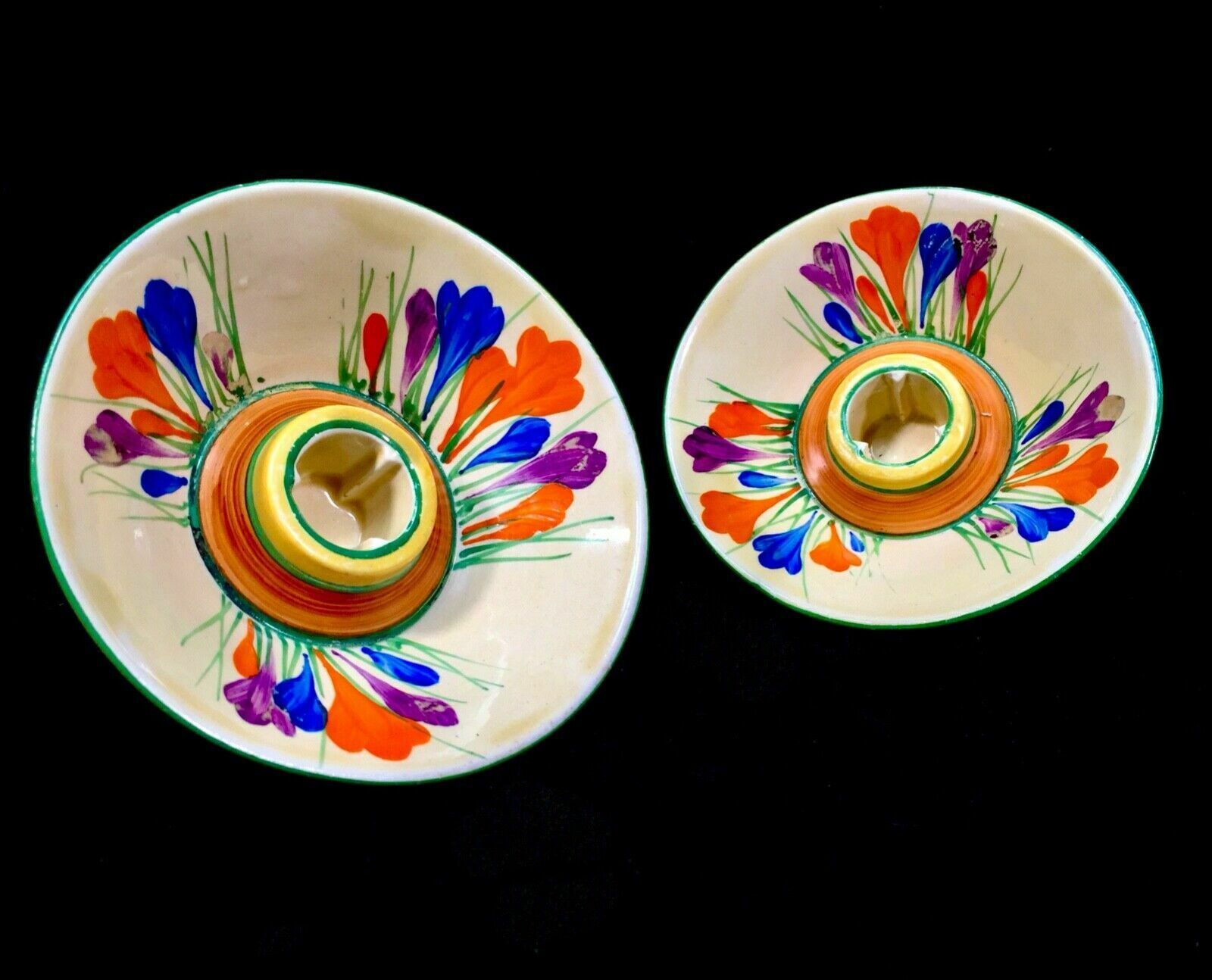 Antique Clarice Cliff Autumn Crocus Shape 384 Candle Stick Pair Pottery Bizarre