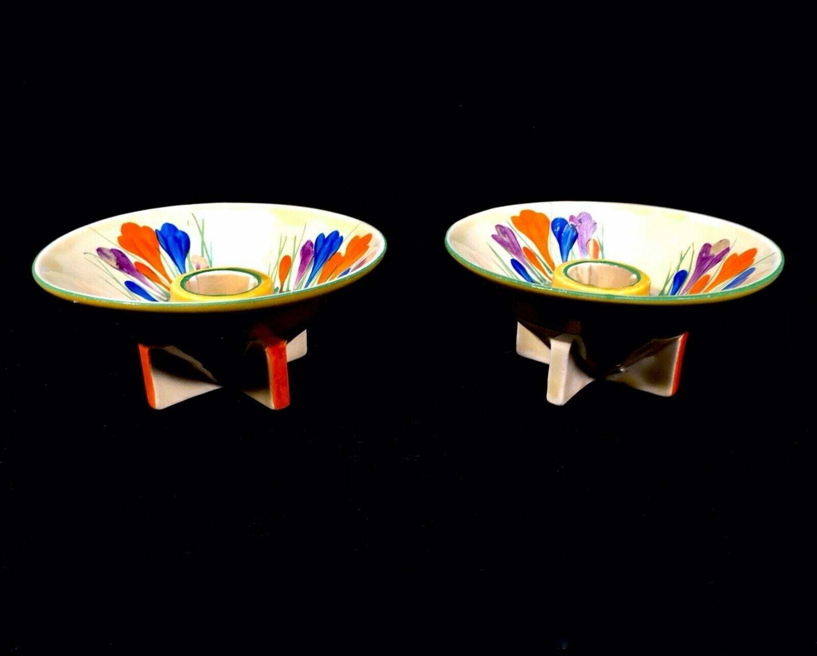 Antique Clarice Cliff Autumn Crocus Shape 384 Candle Stick Pair Pottery Bizarre photo Home Decor