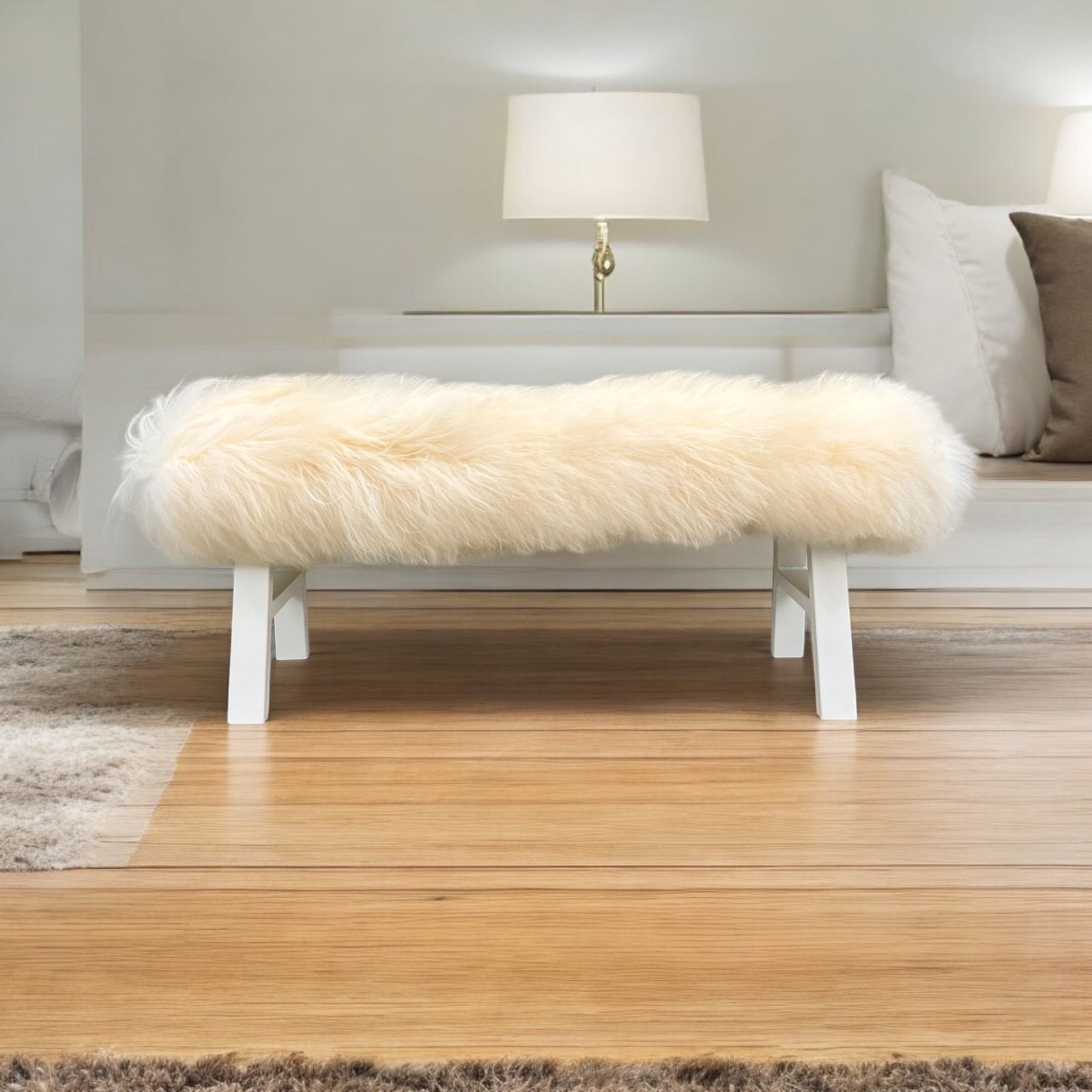 White Yeti Real Sheepskin Fluffy Furry Bench Chair Bedside