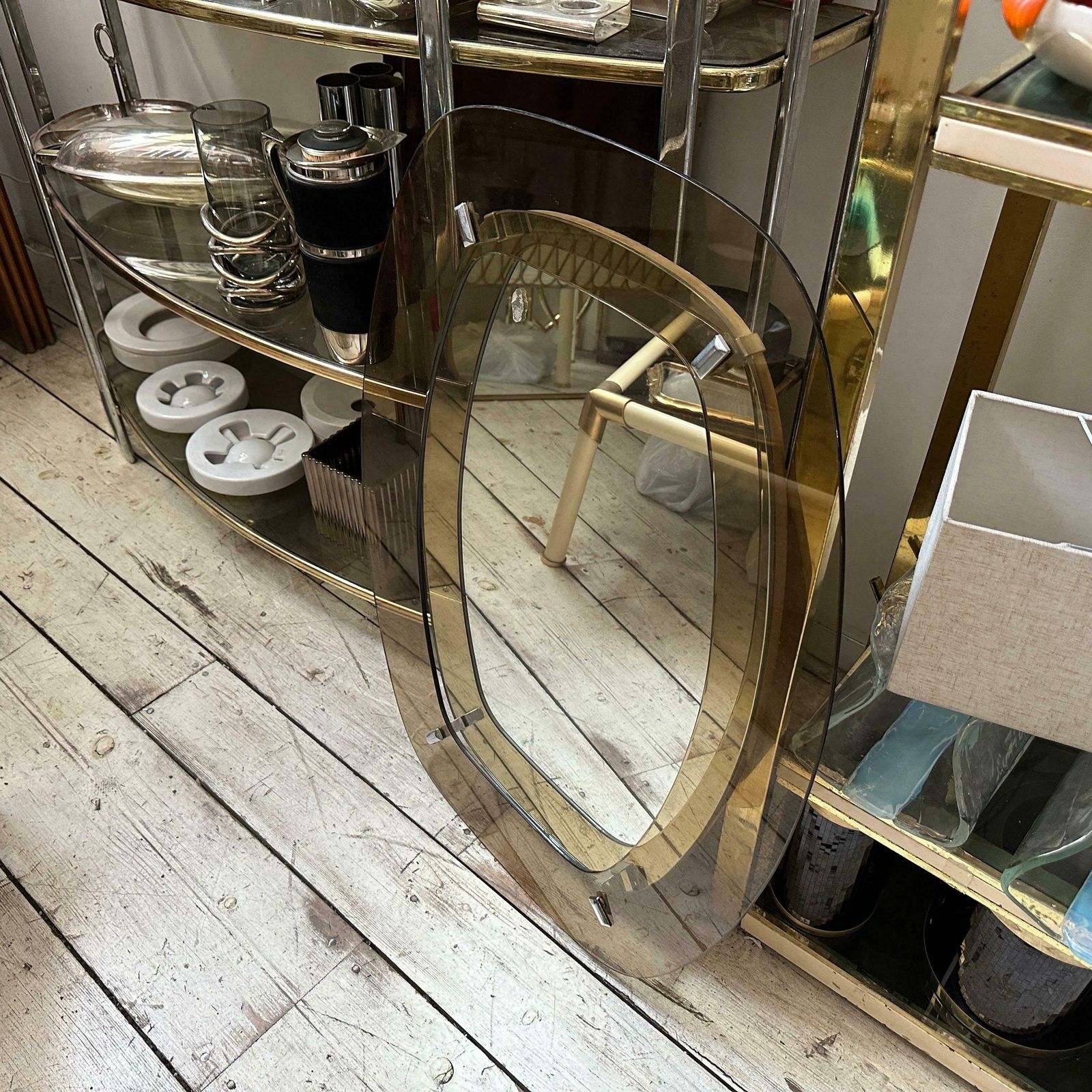 photo furniture 1970s Space Age Amber And Smoked Glass Wall Mirror By Veca