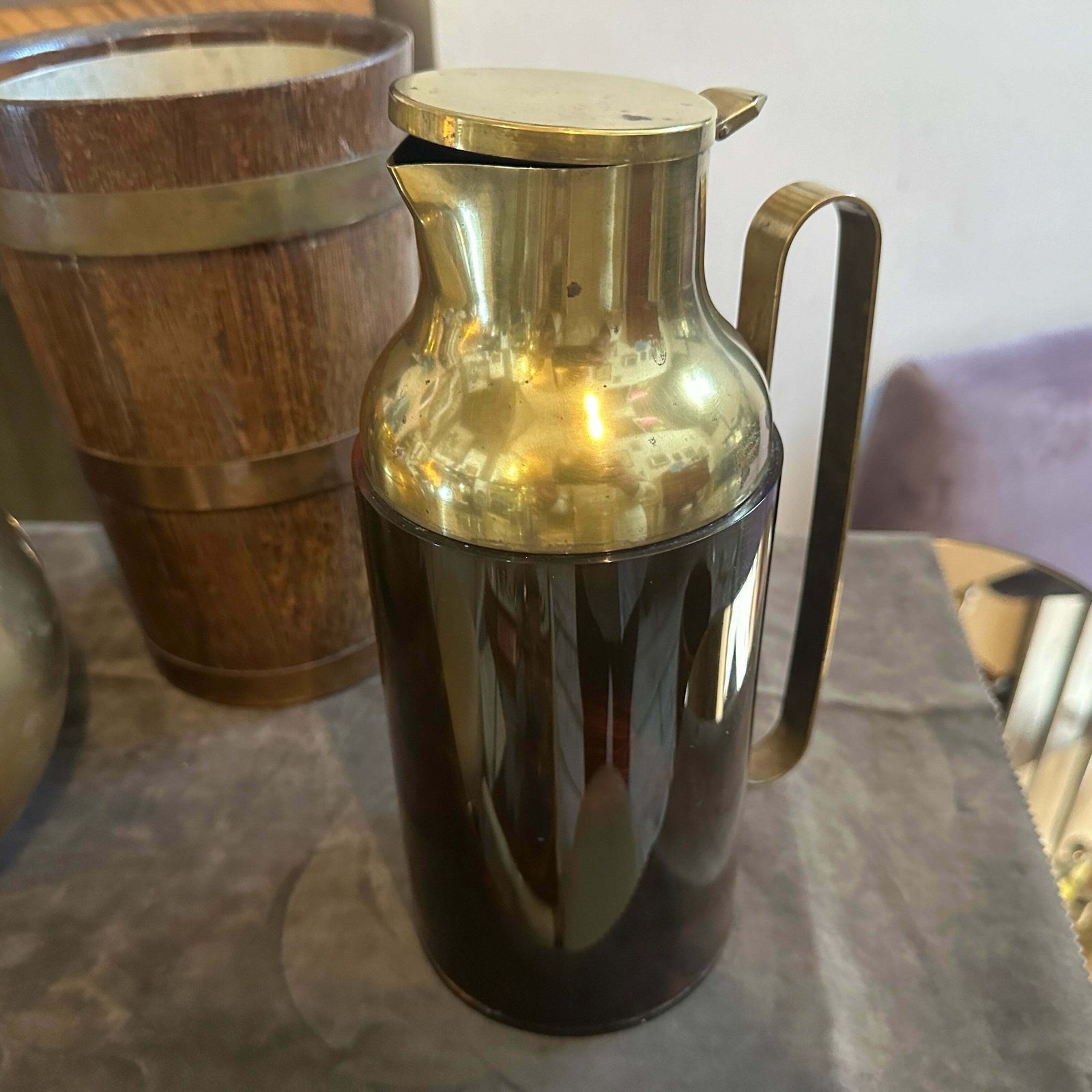 1950s Mid Century Modern Fake Tortoise Shell Bakelite And Brass Thermos Carafe photo furniture