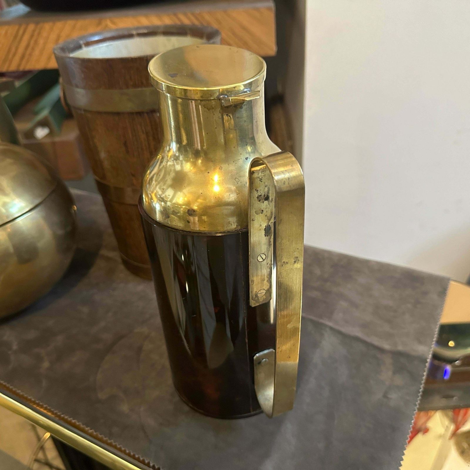 1950s Mid Century Modern Fake Tortoise Shell Bakelite And Brass Thermos Carafe photo 744.0