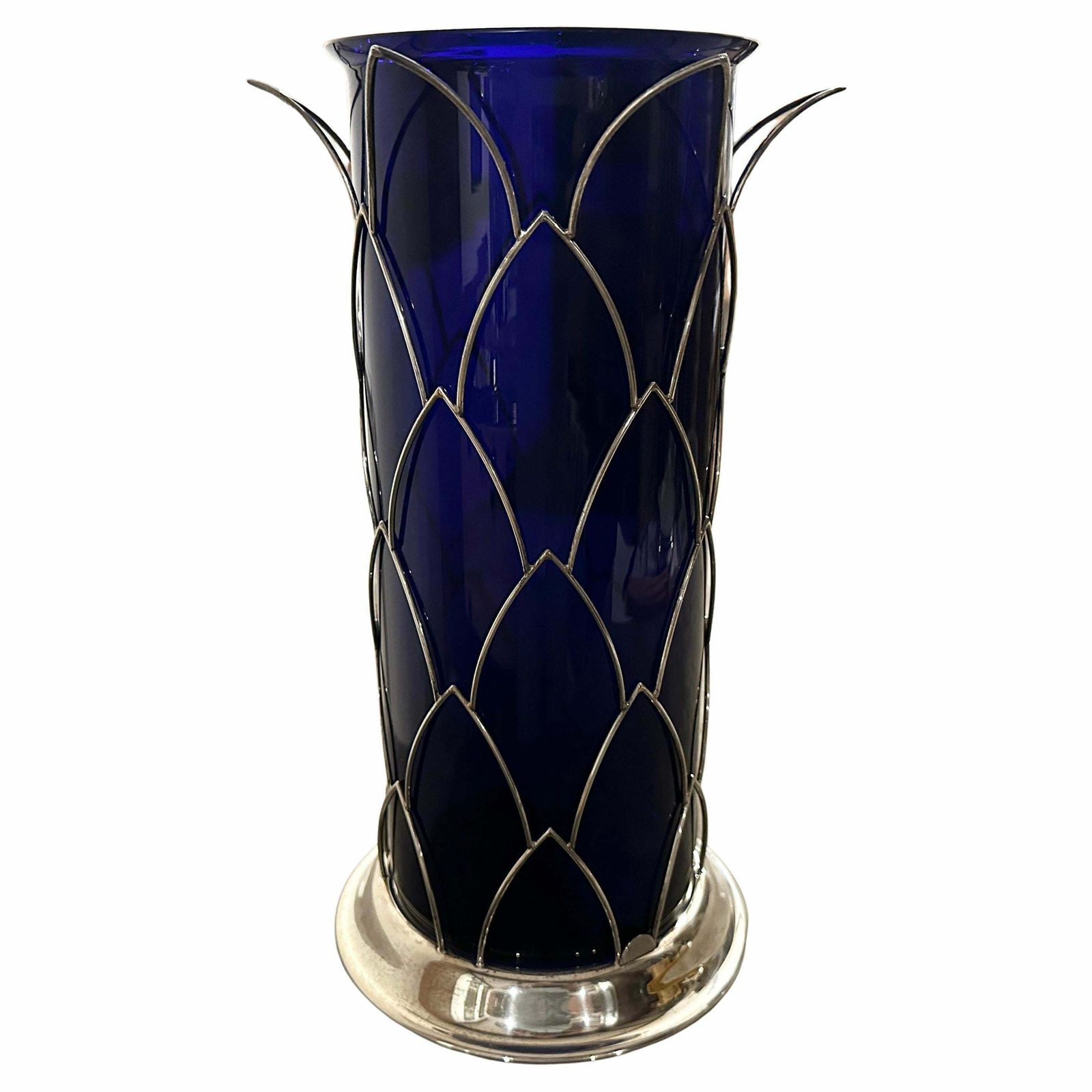 1980s Modernist Sterling Silver And Blue Murano Glass Vase By Cleto Munari