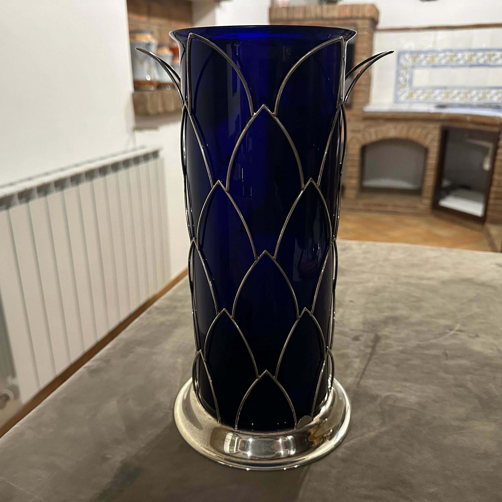 1980s Modernist Sterling Silver And Blue Murano Glass Vase By Cleto Munari photo furniture