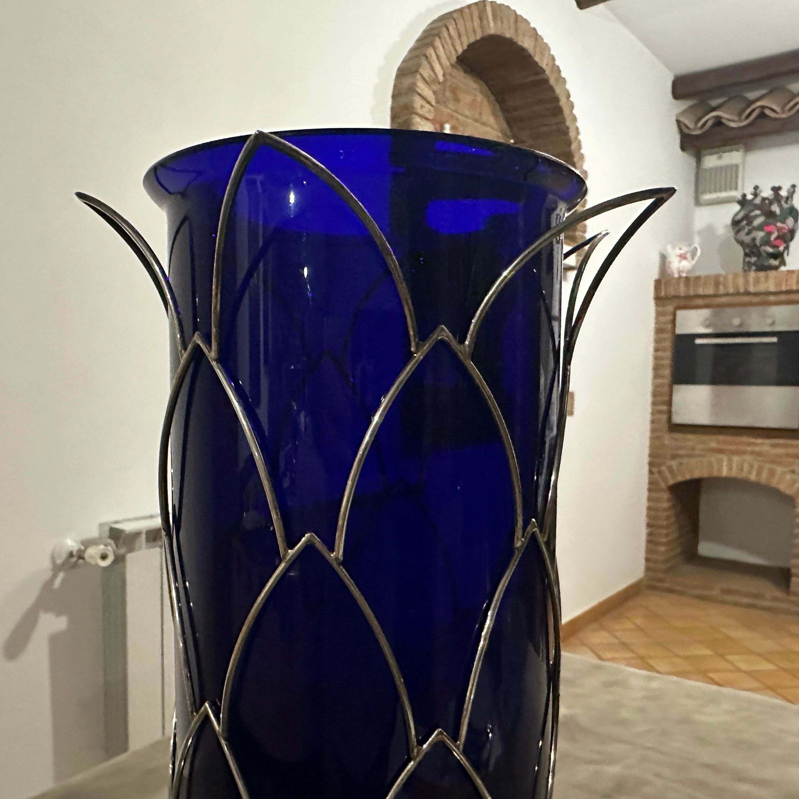 photo for sale 1980s Modernist Sterling Silver And Blue Murano Glass Vase By Cleto Munari