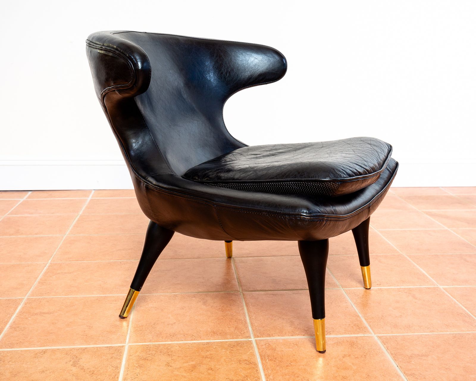 Italian Black Leather Statement Lounge Chair Mid Century Modernist Space Age Karpen Style Horn Chair Mcm Gold Brass photo Furniture