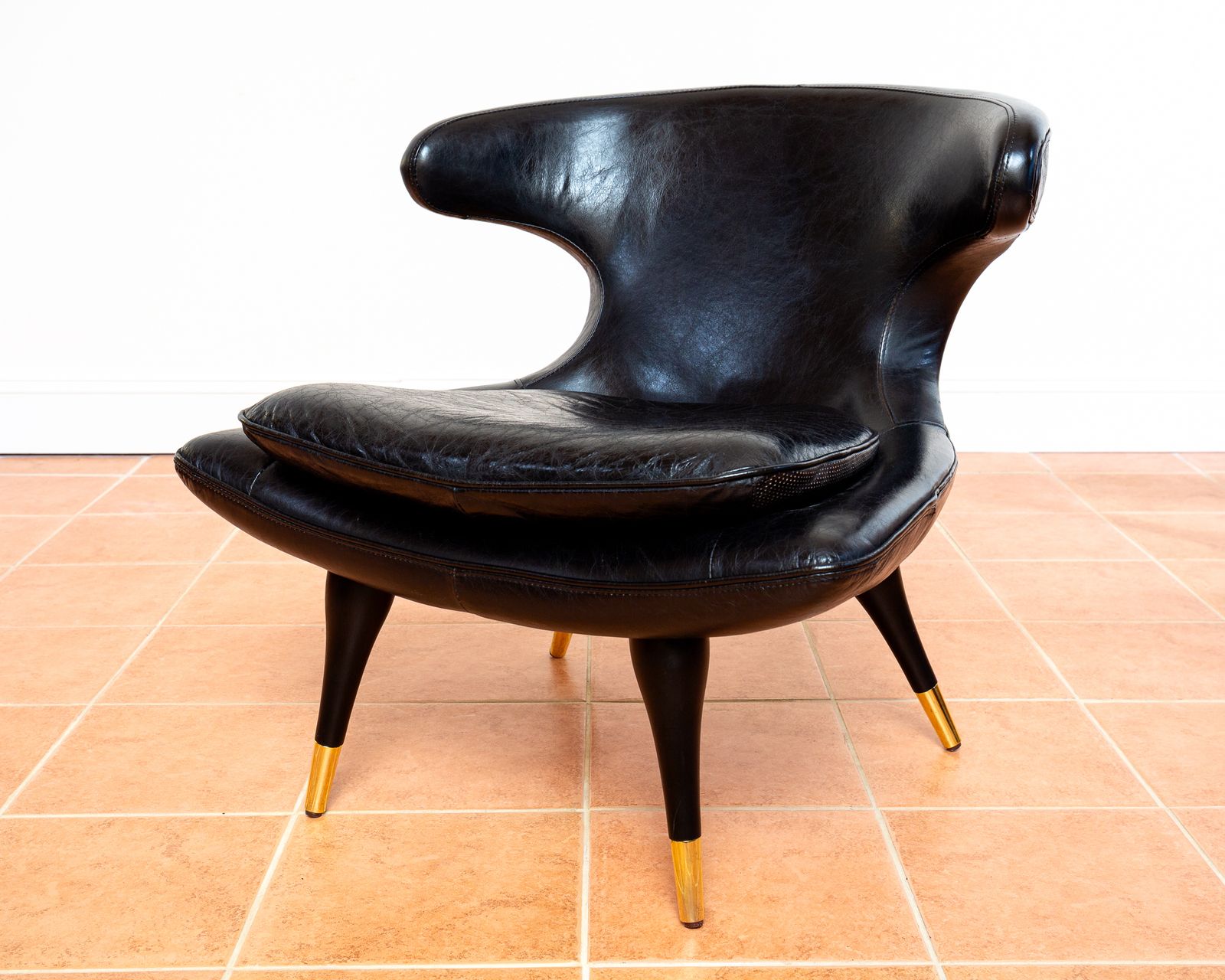 Italian Black Leather Statement Lounge Chair Mid Century Modernist Space Age Karpen Style Horn Chair Mcm Gold Brass