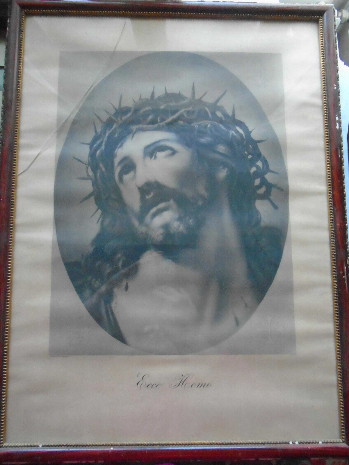 photo furniture Antique French Framed Religious Print Of Jesus With Crown Of Thorns, Ecce Homo, 52 X 39 Inches
