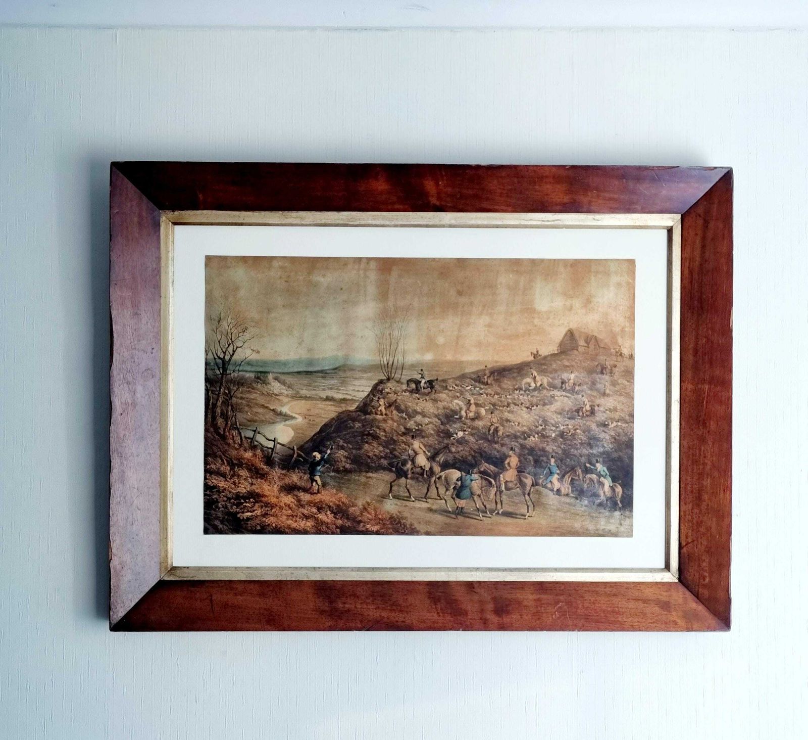 Large Original Antique Coloured Engraving Depicting Hare Hunting
