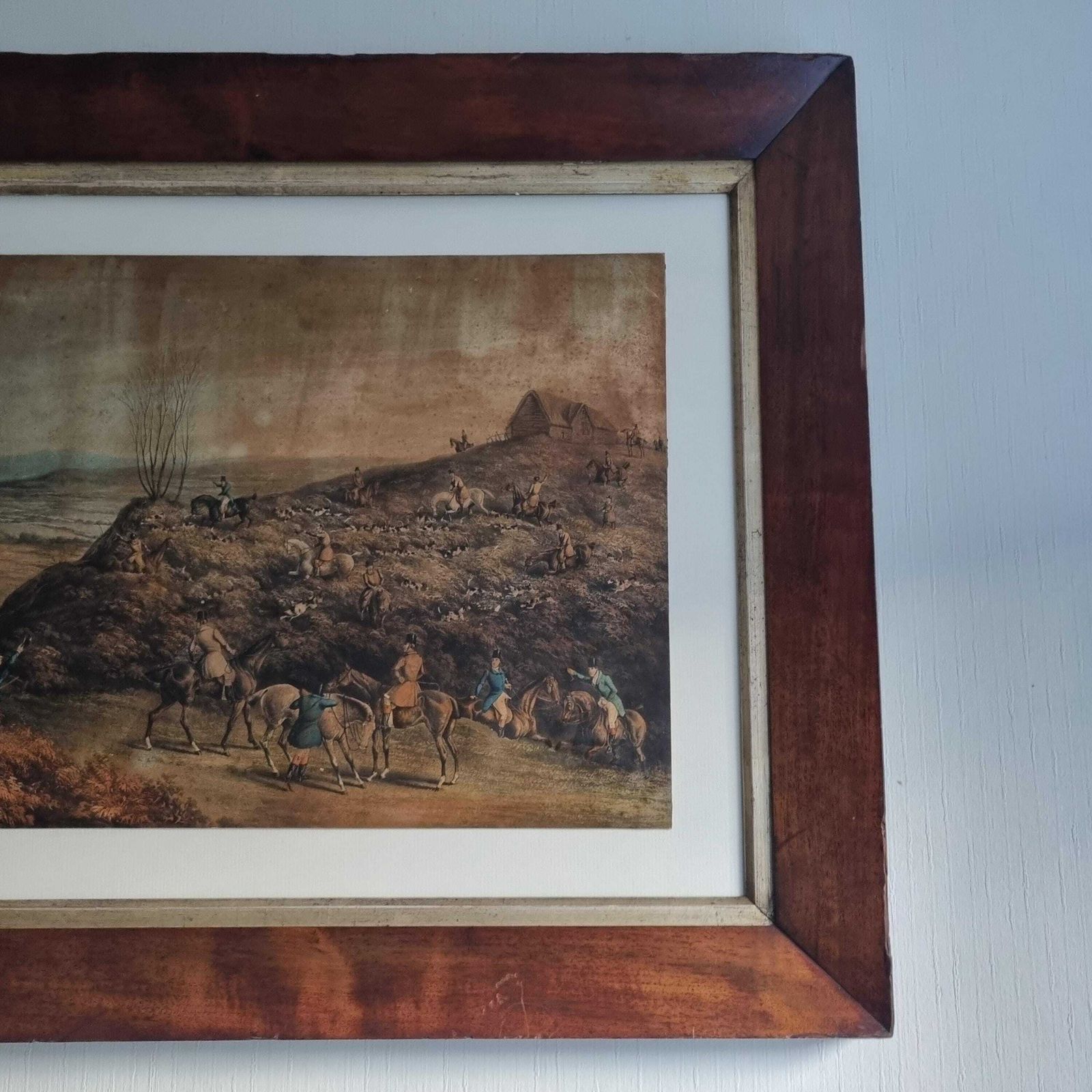 Large Original Antique Coloured Engraving Depicting Hare Hunting photo vintage