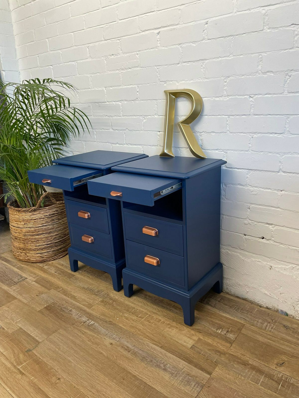 Stag Minstrel Pair (2) Of Bedsides Narrow Painted Blue photo vintage