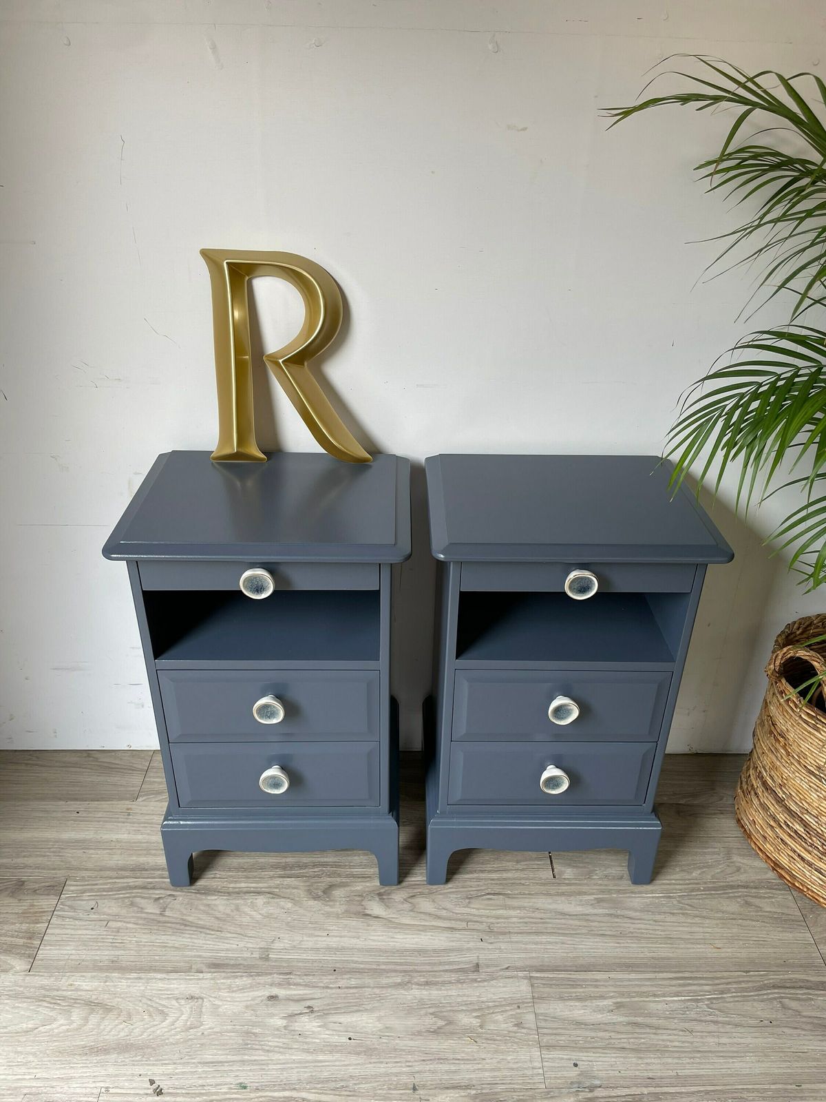 photo for sale Stag Minstrel Pair (2) Of Narrow Bedsides Painted Blue