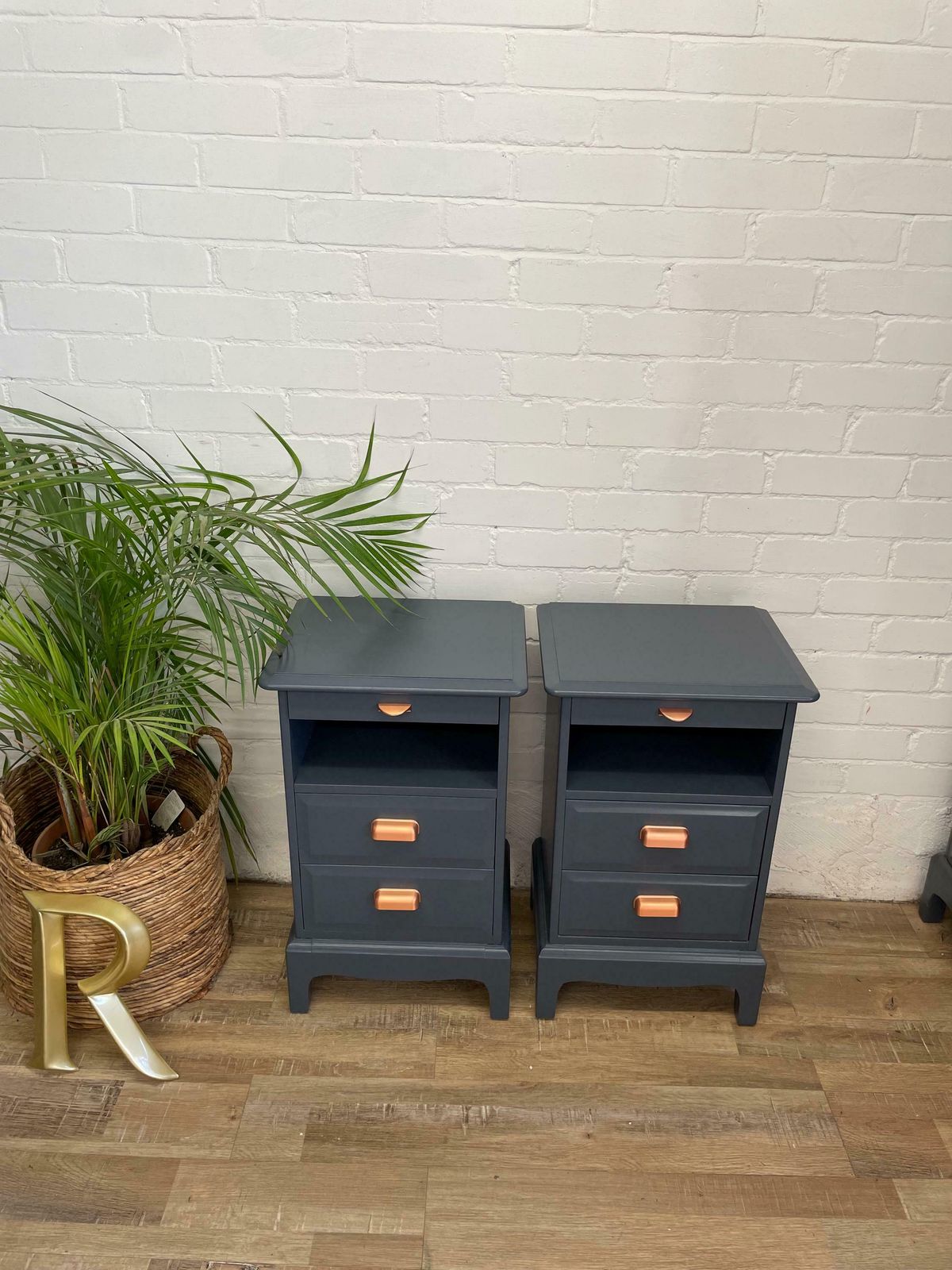 Pair (2) Of Stag Minstrel Narrow Bedsides Painted ‘Rooster Blue’ photo for sale