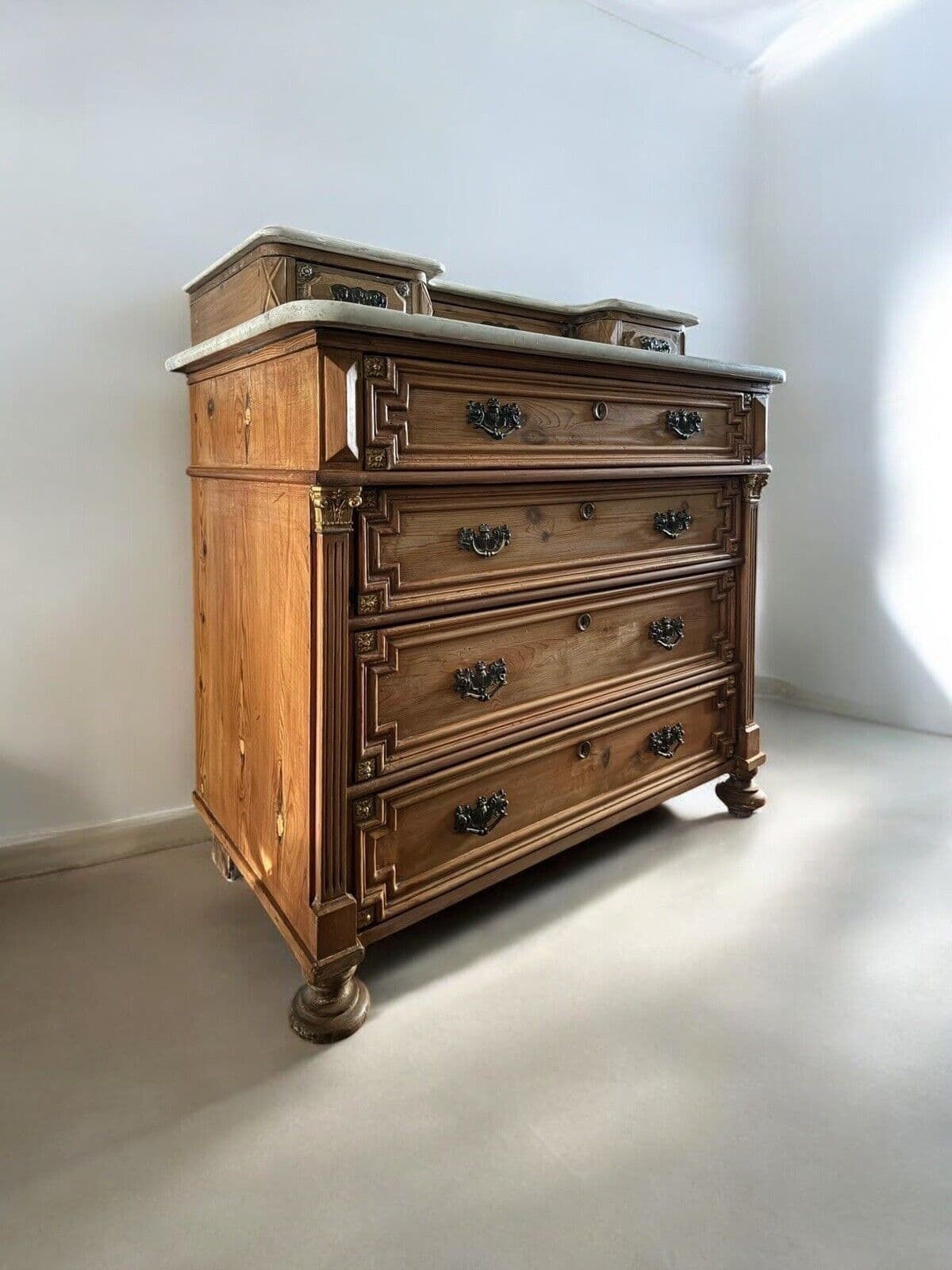 Antique Solid Pine French Style Marble Top Dresser Washstand Chest Of Drawers photo Furniture