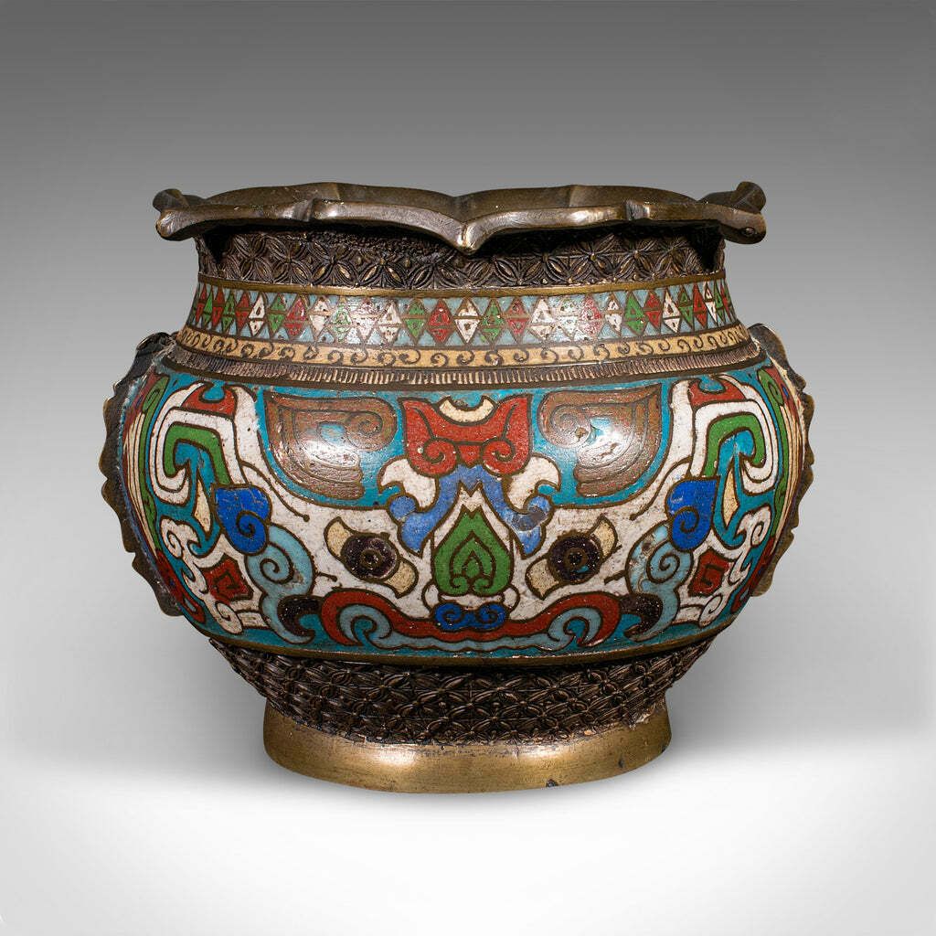 Antique Siamese Planter Bowl, Thai, Bronze, Cloisonne, Jardiniere Pot, Victorian photo Home Decor