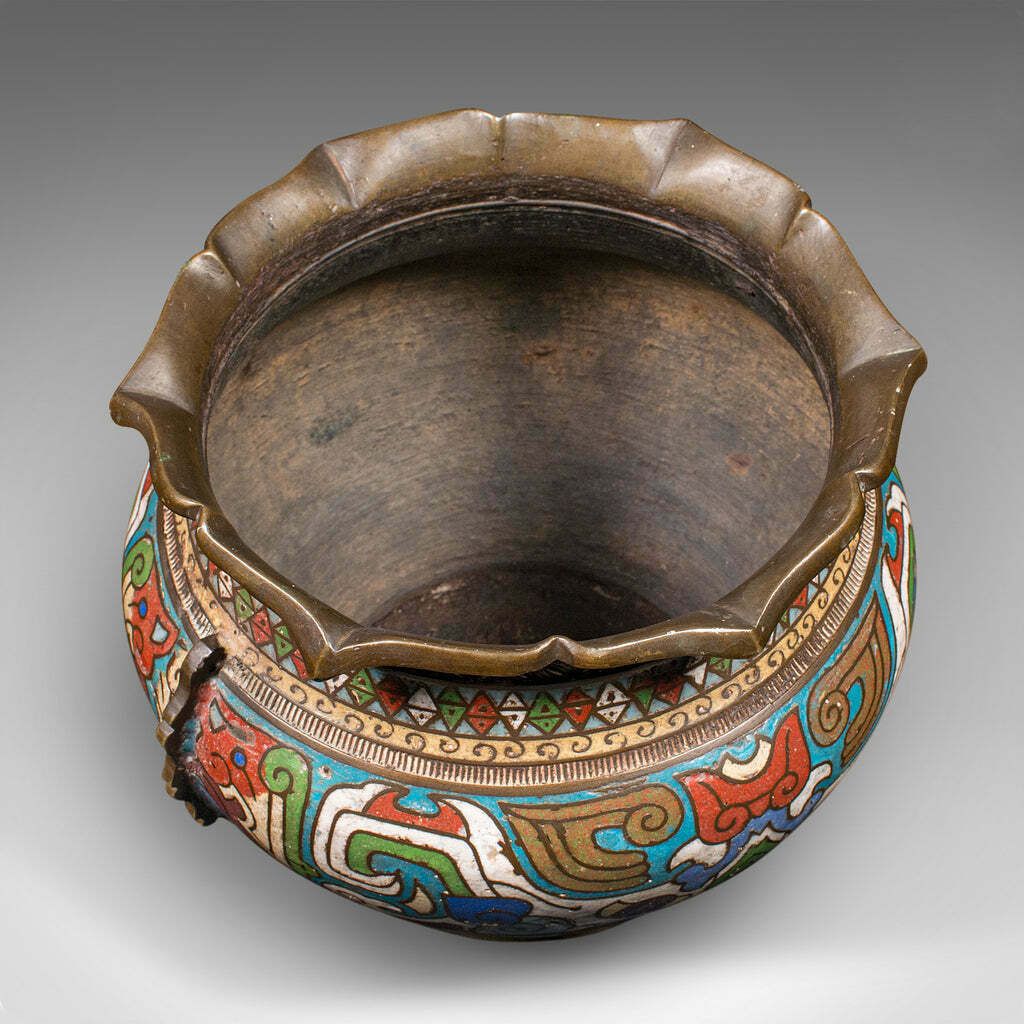 Antique Siamese Planter Bowl, Thai, Bronze, Cloisonne, Jardiniere Pot, Victorian photo vinterior