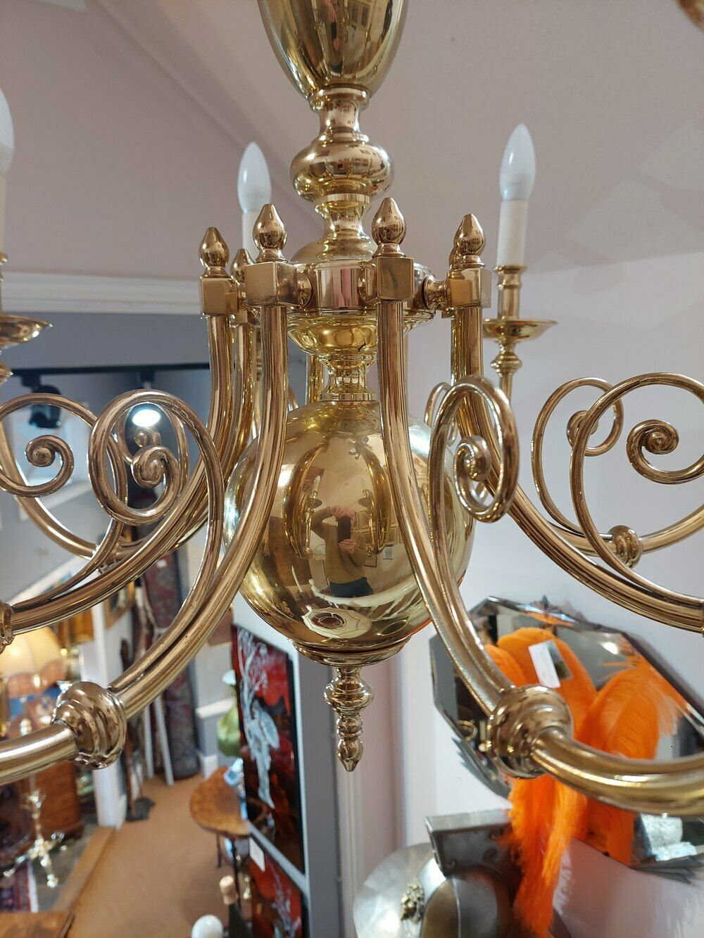 Brass Eight Branch Chandelier Light Fitting photo for sale