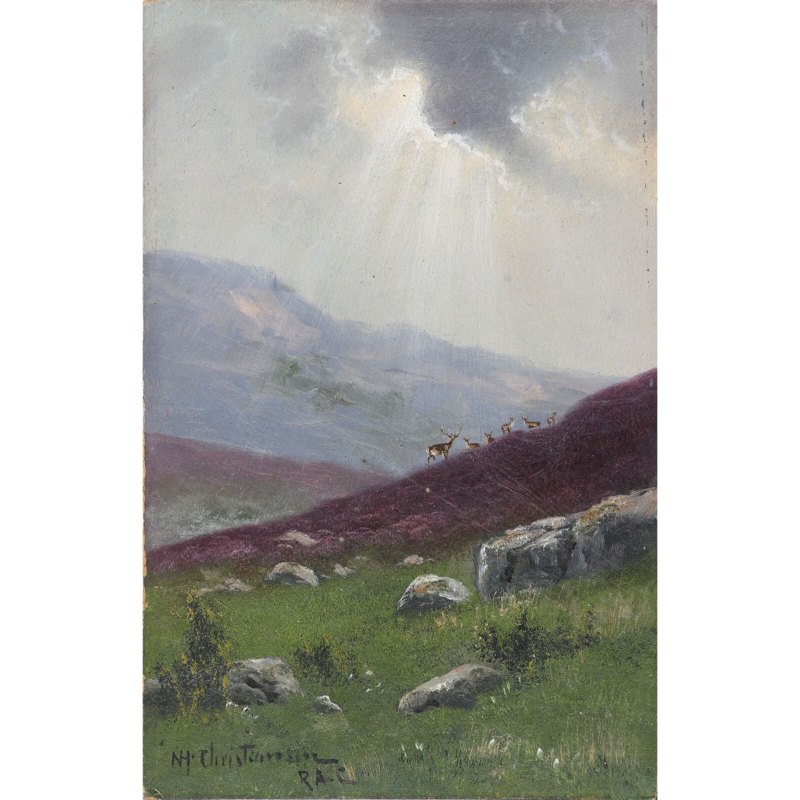 Oil On Board By Nils Hans Christiansen. Deer With Sun Breaking Through Cloud.
