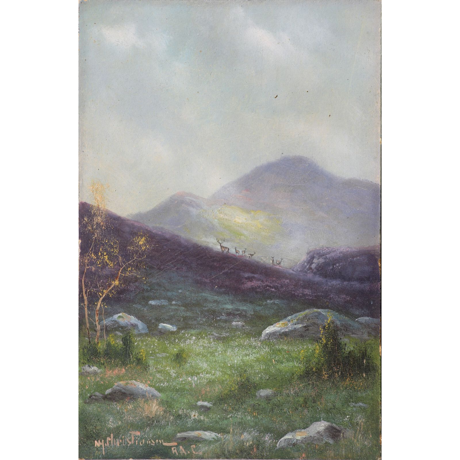Oil On Board By Nils Hans Christiansen. Deer On Misty Mountainside.