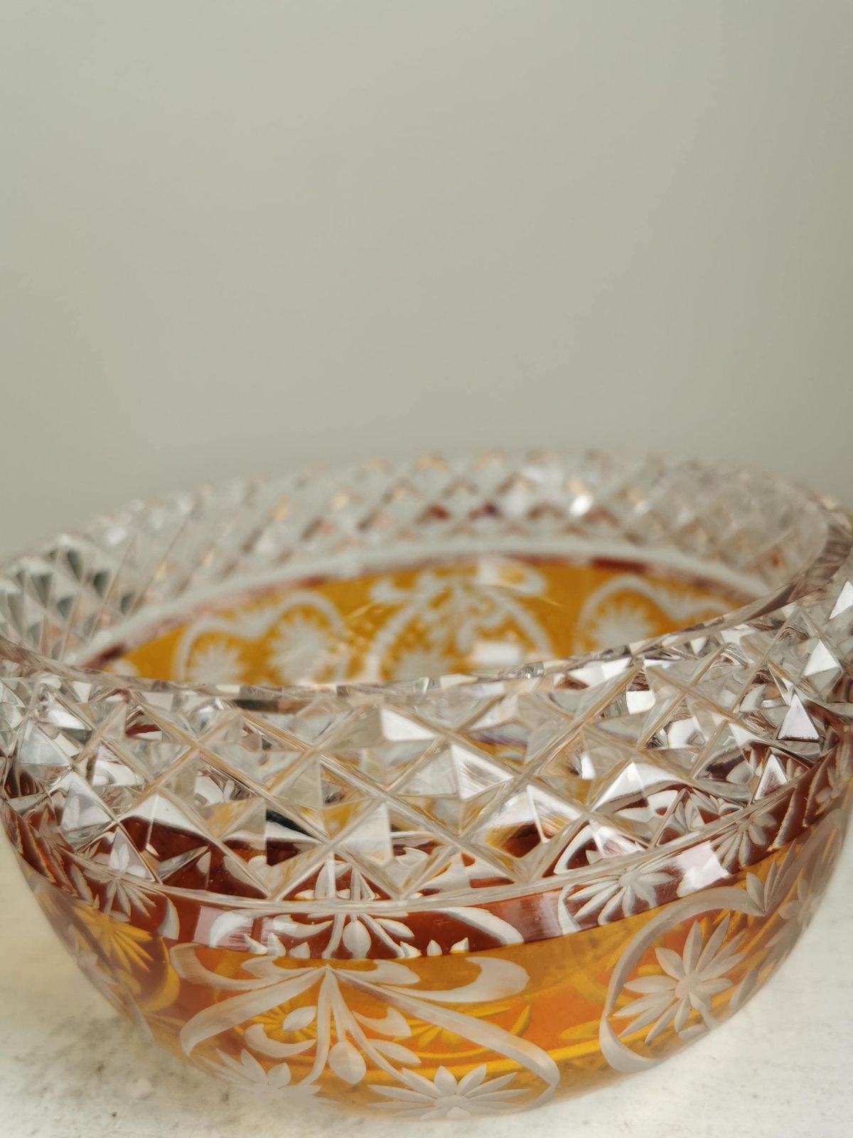 Vintage Crystal Candy Bowl / 1970s / Clear And Amber Fruit Pot / Table Centerpiece / Flower Container / Bohemian Crystal Glass photo buy