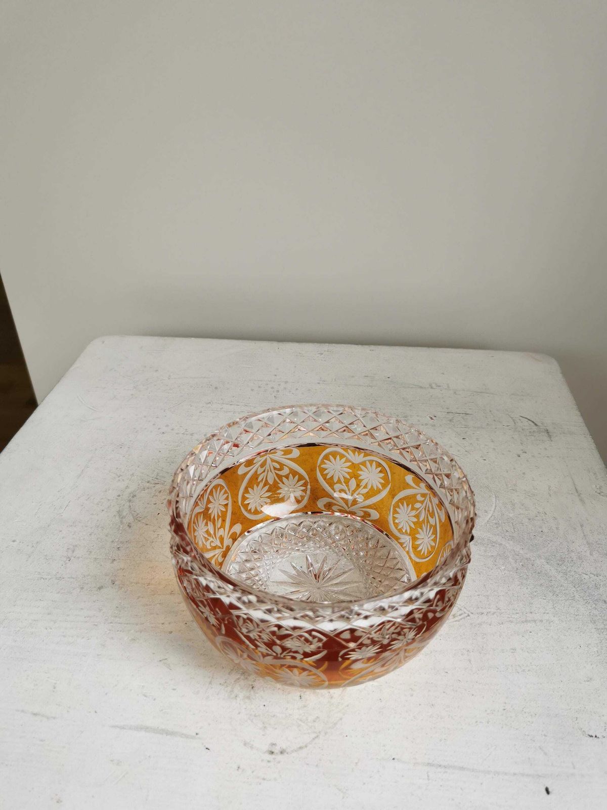 photo for sale Vintage Crystal Candy Bowl / 1970s / Clear And Amber Fruit Pot / Table Centerpiece / Flower Container / Bohemian Crystal Glass