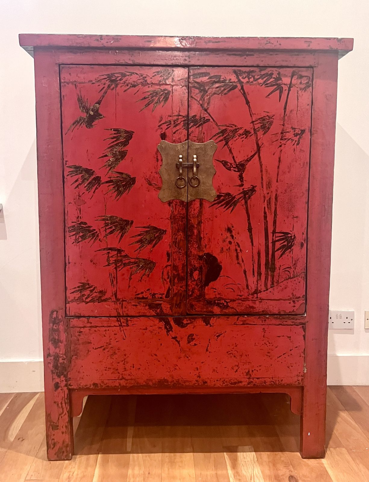 19th Century Antique Chinese Red, Tall Lacquered Wedding/Linen Cabinet Featuring Hand Painted Bamboos & Birds Design   Qing Dynasty