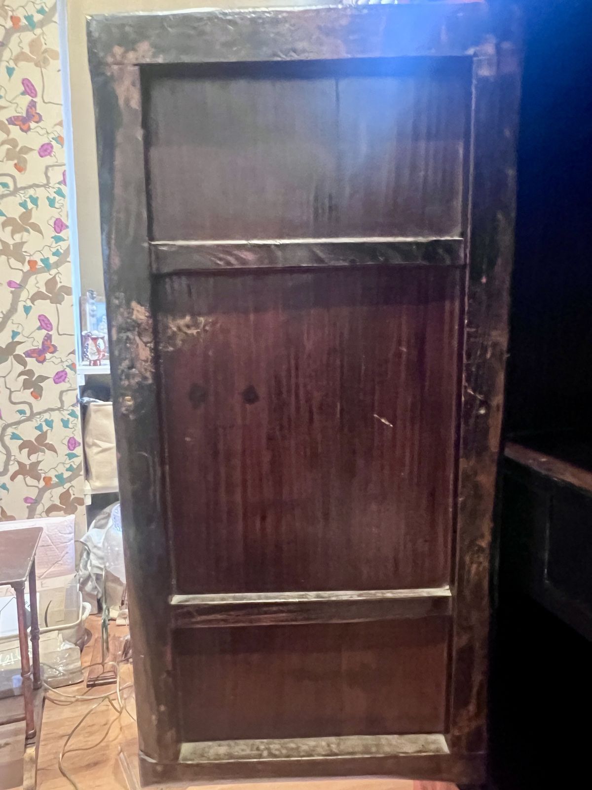 19th Century Antique Chinese Red, Tall Lacquered Wedding/Linen Cabinet Featuring Hand Painted Bamboos & Birds Design   Qing Dynasty photo 1000.0