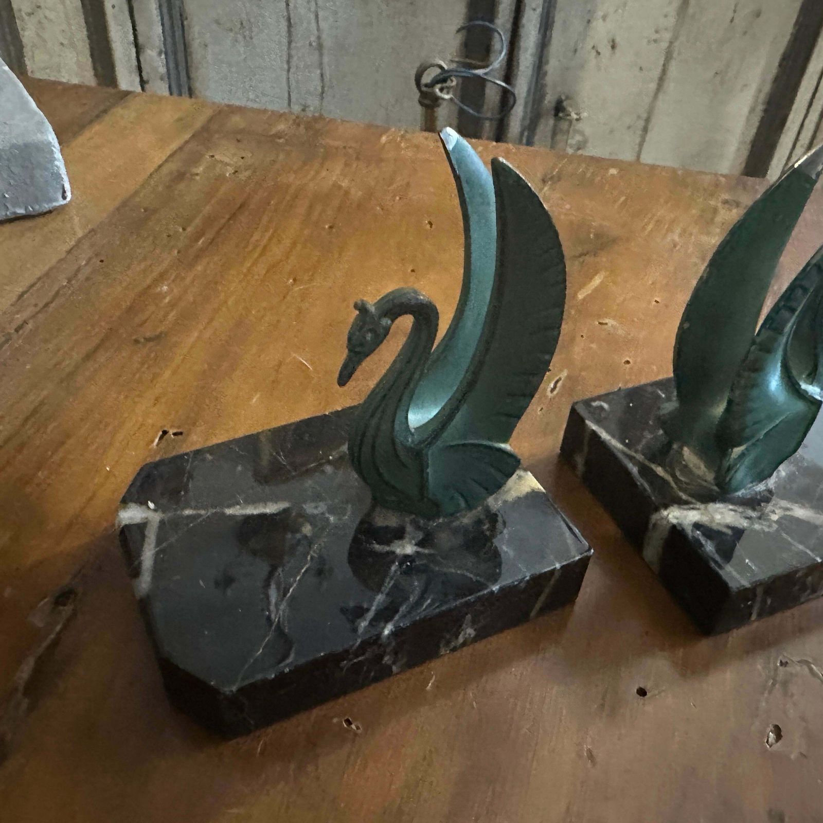 1930s Art Deco Marble And Green Metal French Swan Bookends photo for sale