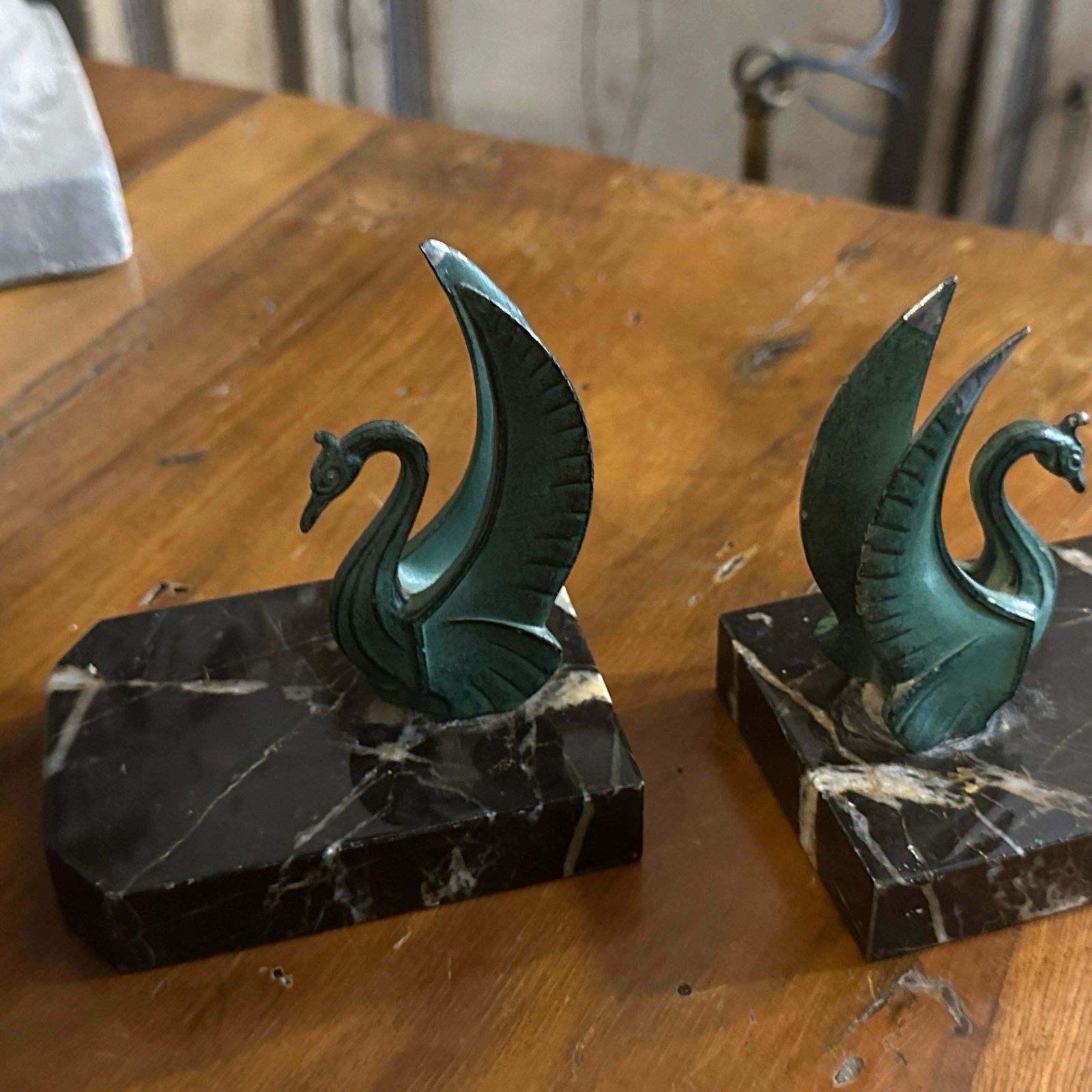 1930s Art Deco Marble And Green Metal French Swan Bookends photo vintage