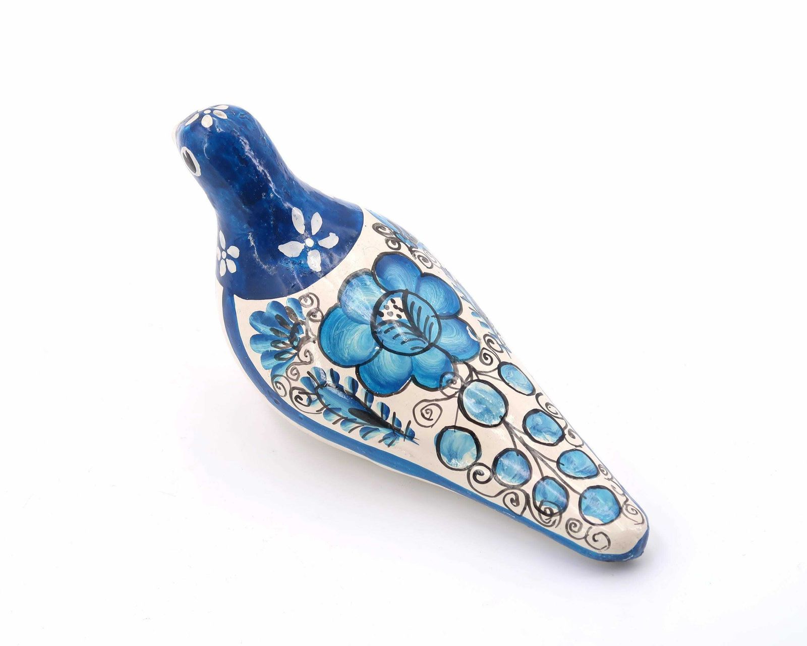 Mexican Folk Terracotta Ceramic Bird, Blue And White Dove, 1970s / Floral, Boho Chic, Bohemian, Mexico photo for sale