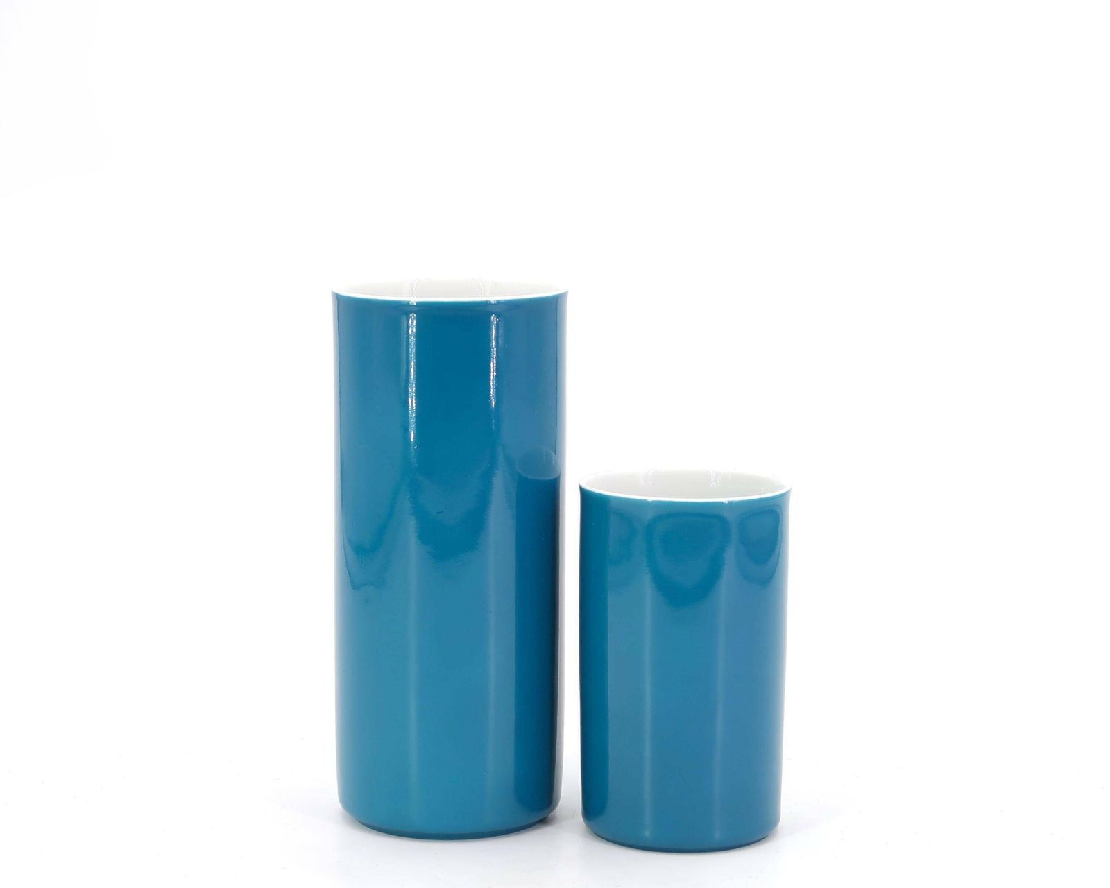 Paar Eendenblauw Porseleinen Cilindervazen Van Arzberg Germany, Jaren 1970 / Rol, Buis, Georges Jouve Stijl