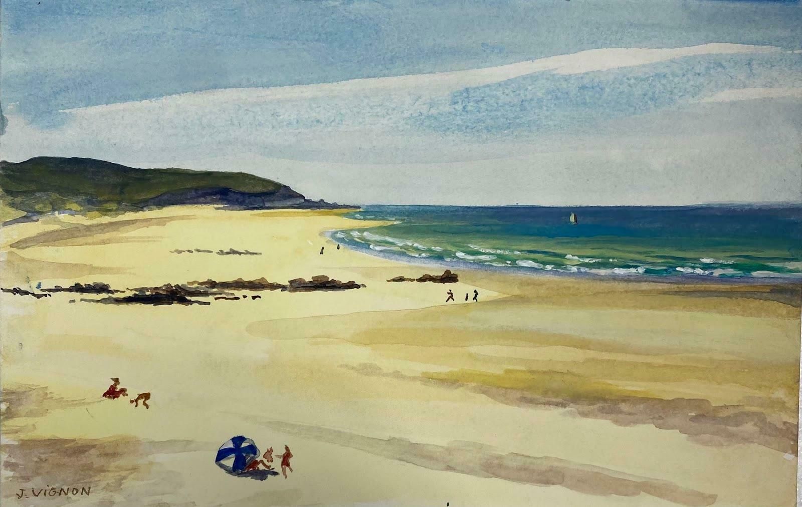 Josine Vignonpost Impressionist Watercolour Painting Yellow Sandy Beach Summer Landscape C.1989
