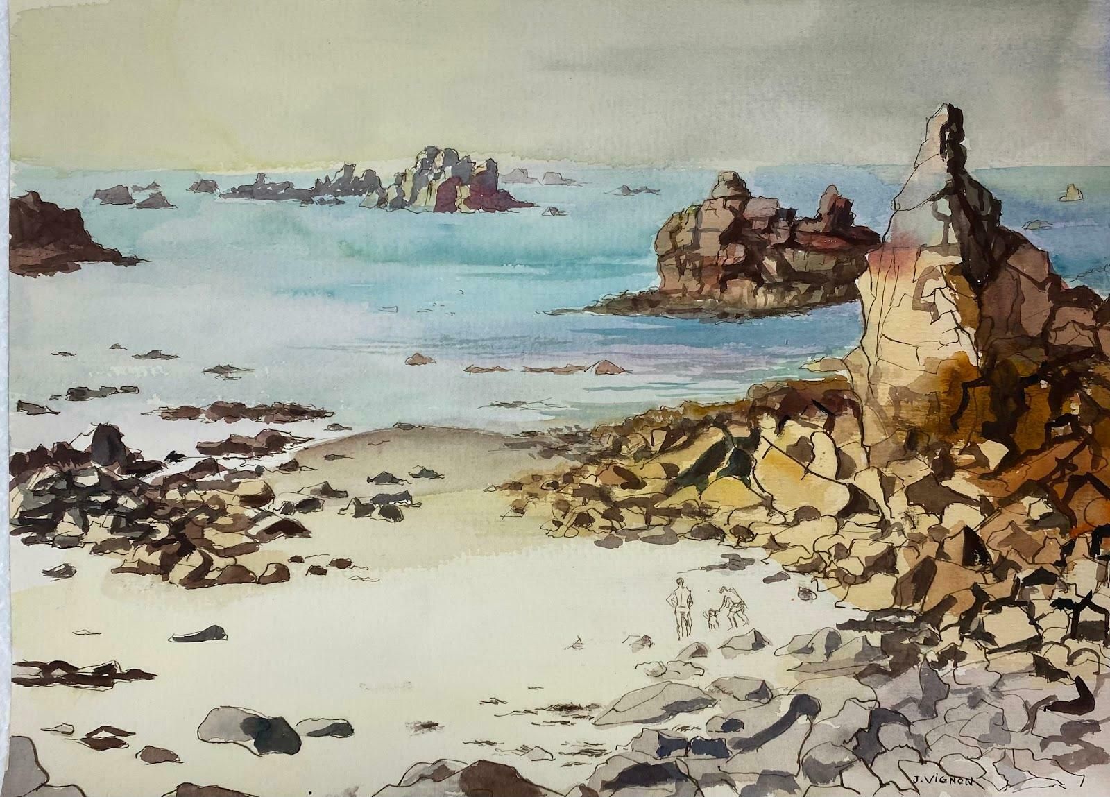 Josine Vignonpost Impressionist Watercolour Painting Rocky Shore & Blue Sea Coastal Landscapec.1989