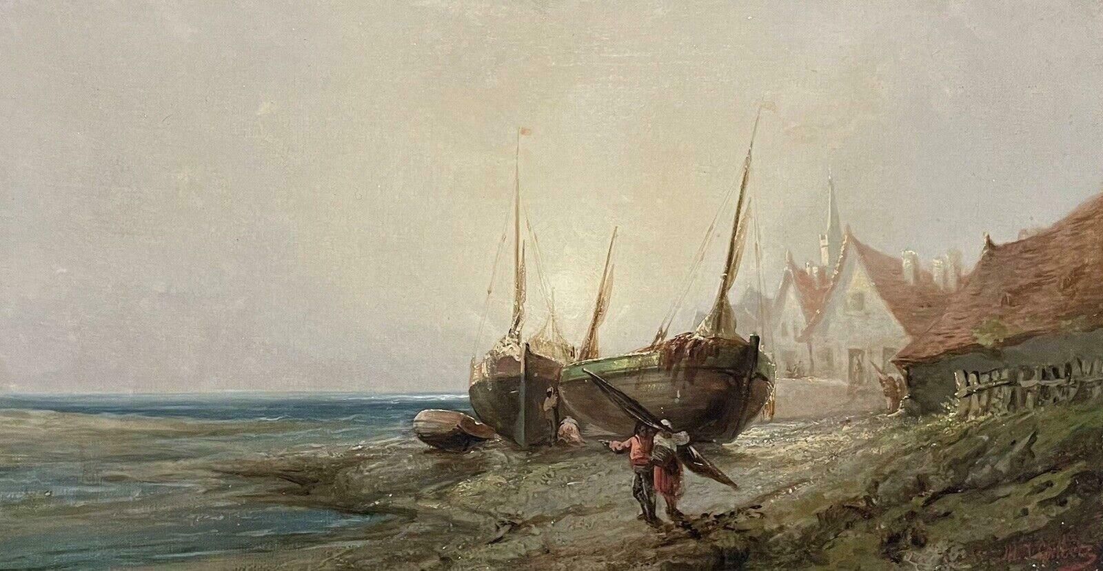 French School19th Century French Signed Oil, Fishing Folk On The Shore At Sunrise By Boats photo for sale